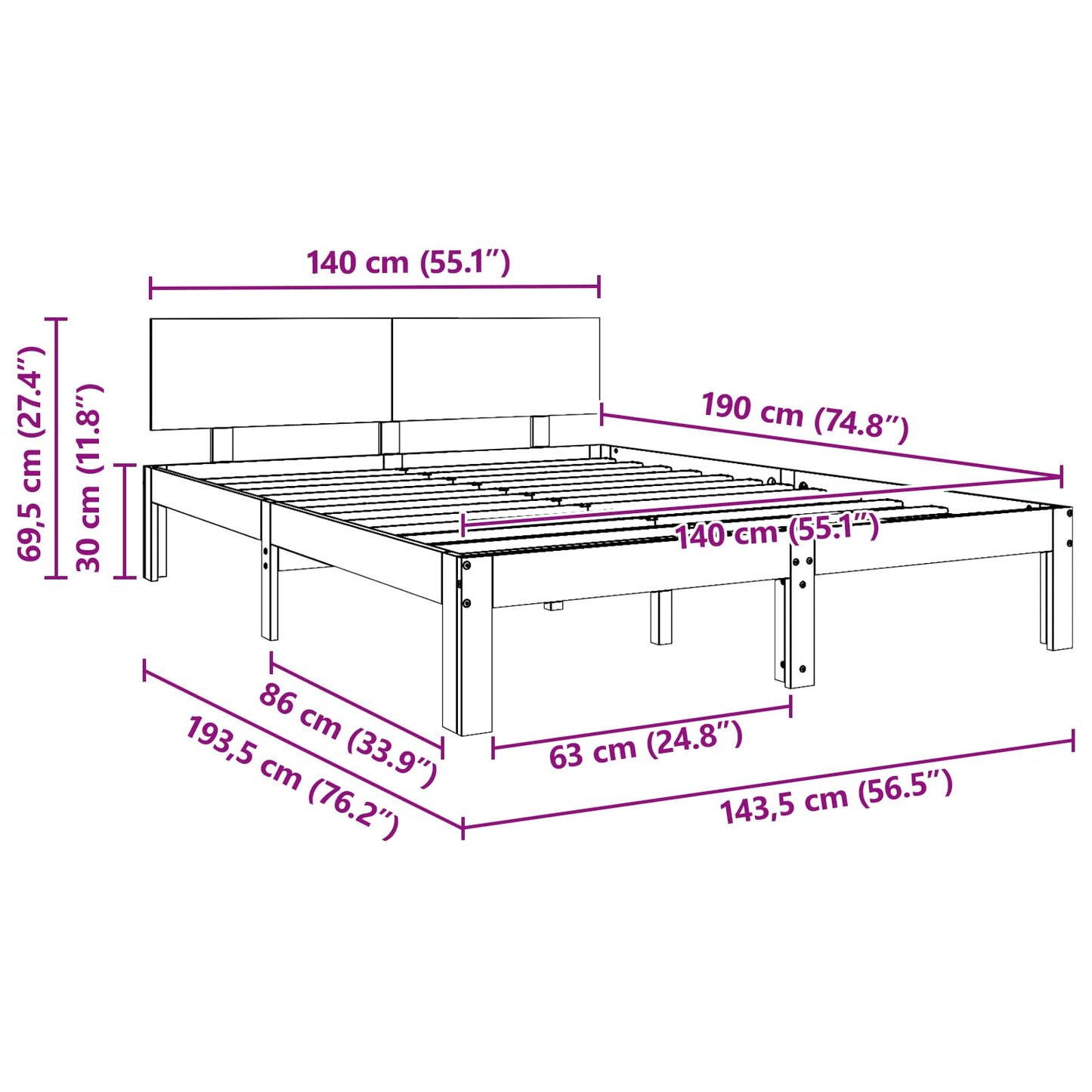 Struttura del letto Marrone cerato 140 x 190 cm Pino massello