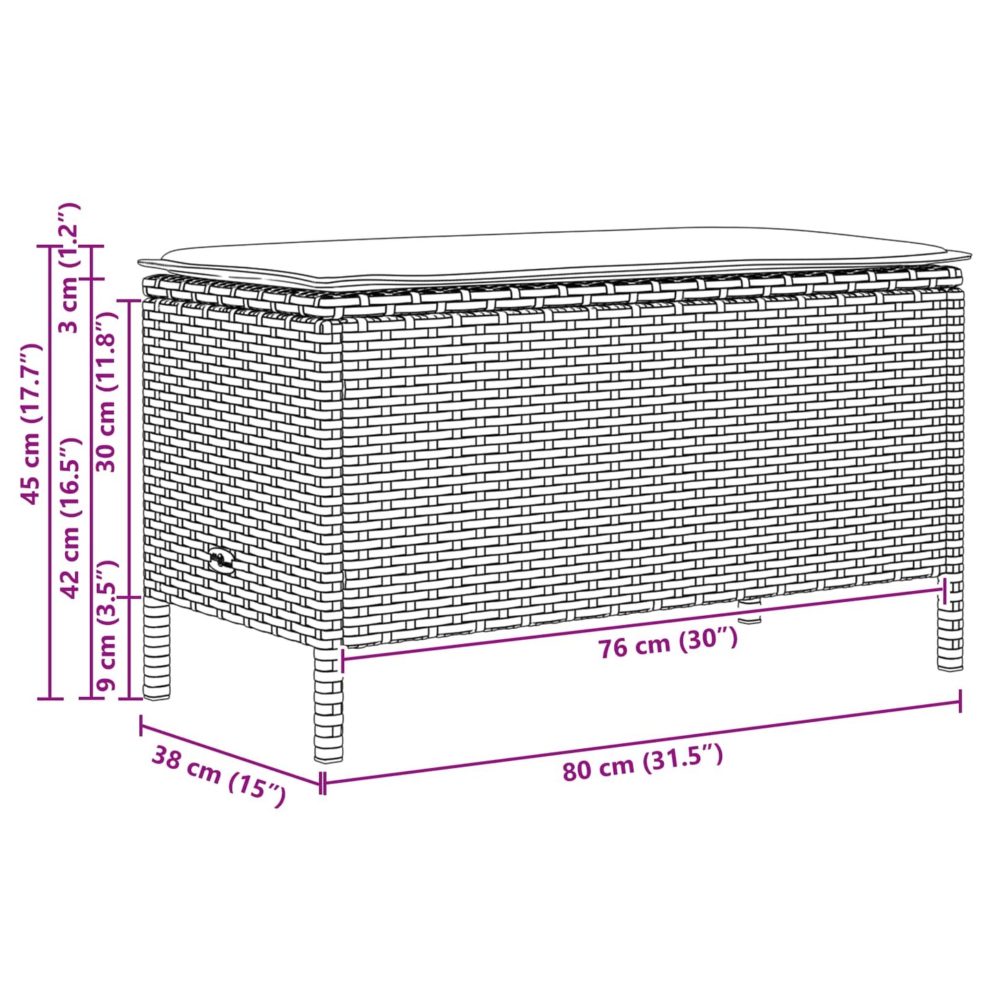 Poggiapiedi da Giardino Nero 80 x 38 x 45 cm Rattan in PE