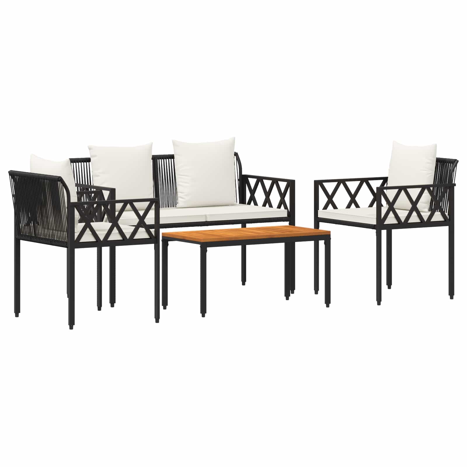 Set Mobili da Esterno 4 pcs Nero e Bianco Crema polyrattan | homemem39