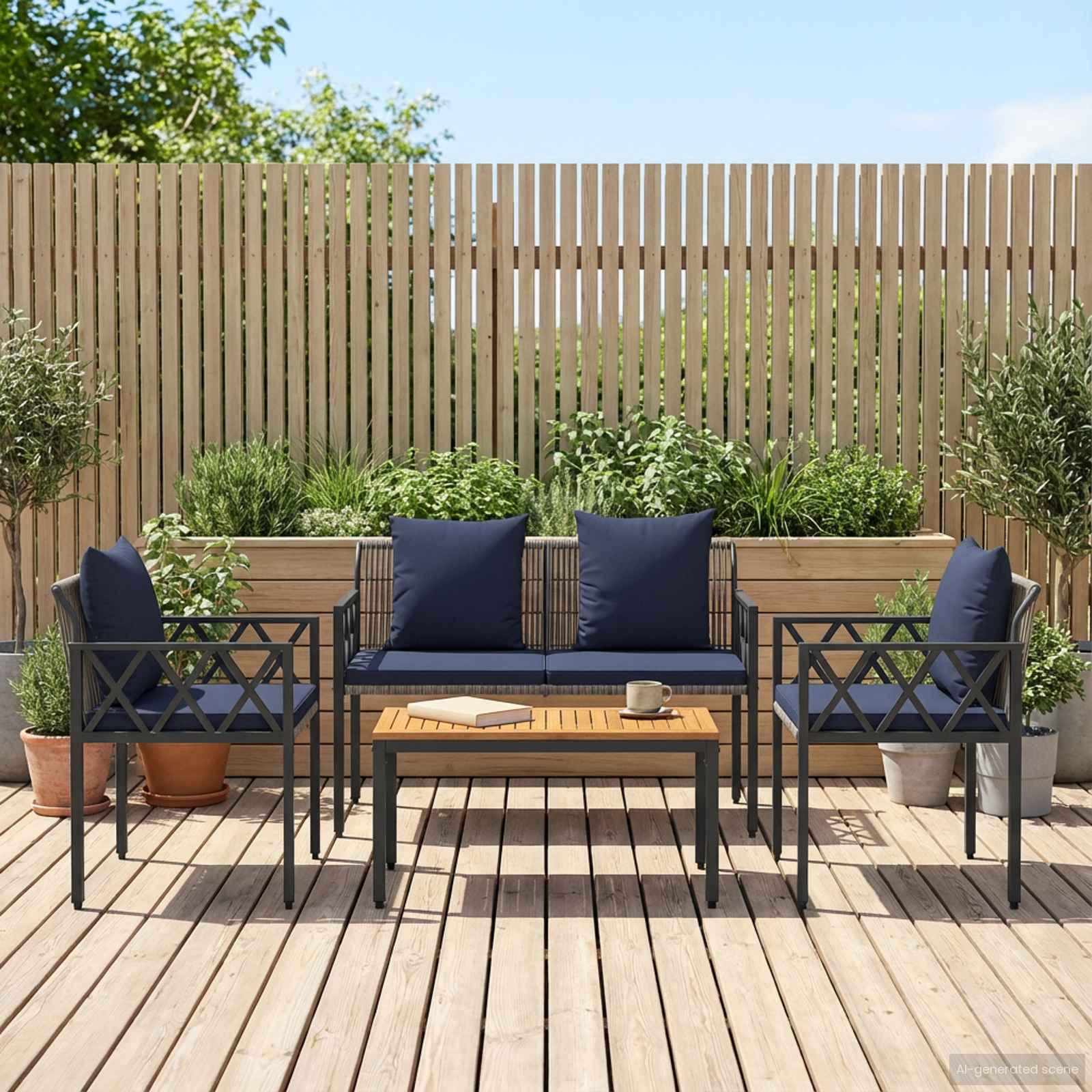 Set Mobili da Esterno 4 pcs Grigio e Blu Navy polyrattan | homemem39