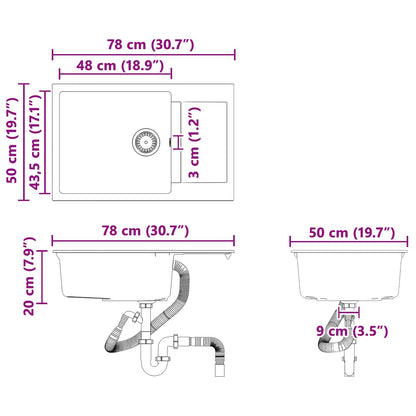 Lavello Nero 780 x 500 mm 80% Quarzo e 20% Resina
