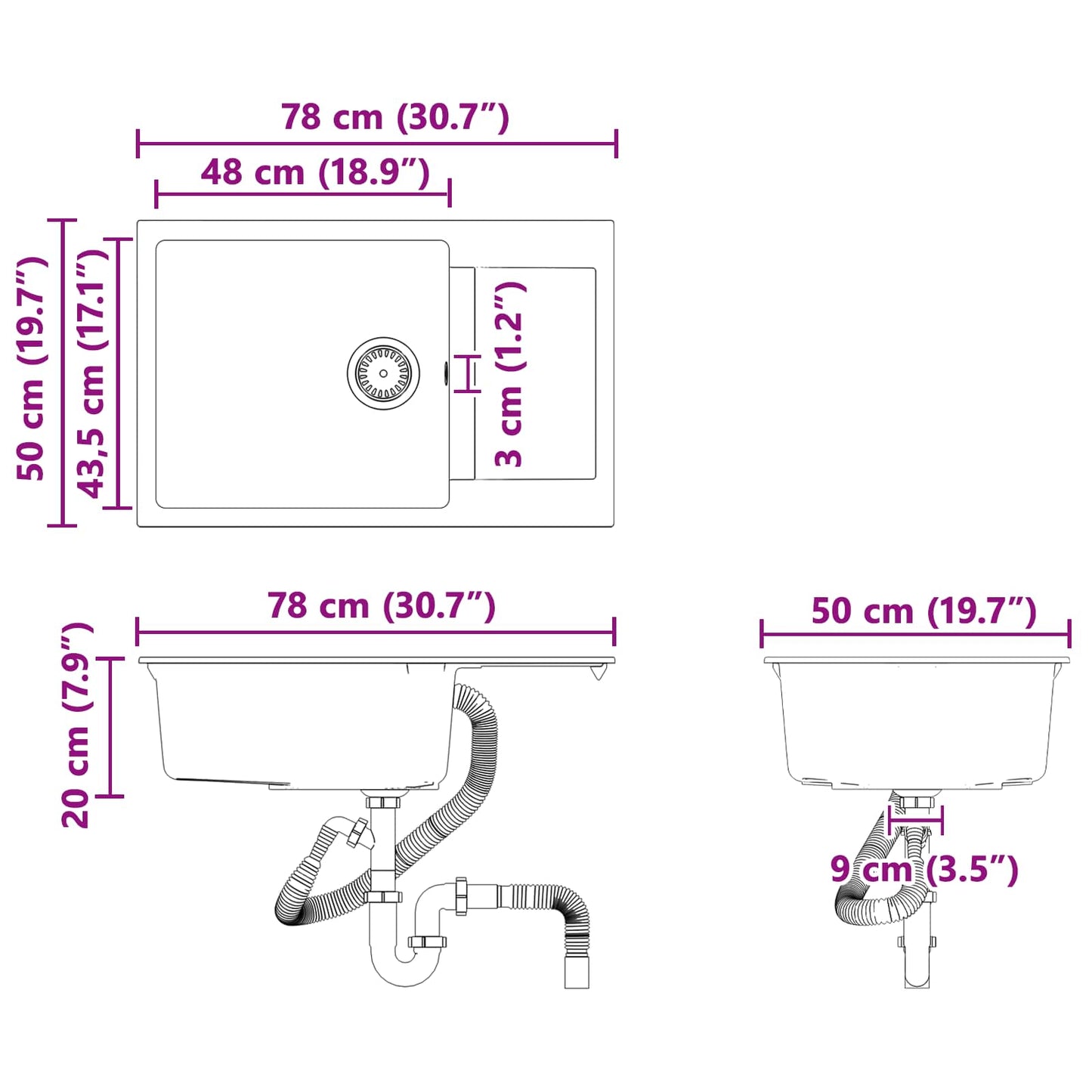 Lavello Grigio 780 x 500 mm 80% Quarzo e 20% Resina