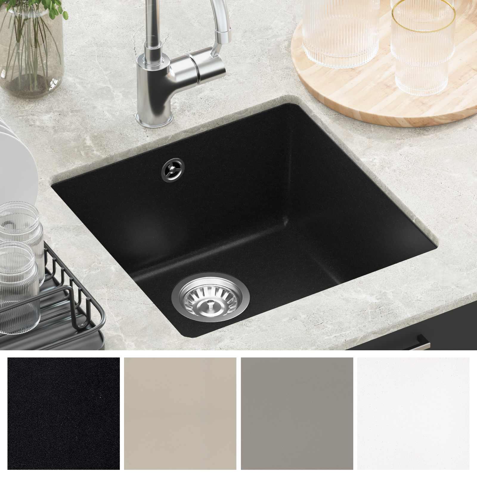 Lavello Nero 430 x 460 mm 80% Quarzo e 20% Resina | homemem39