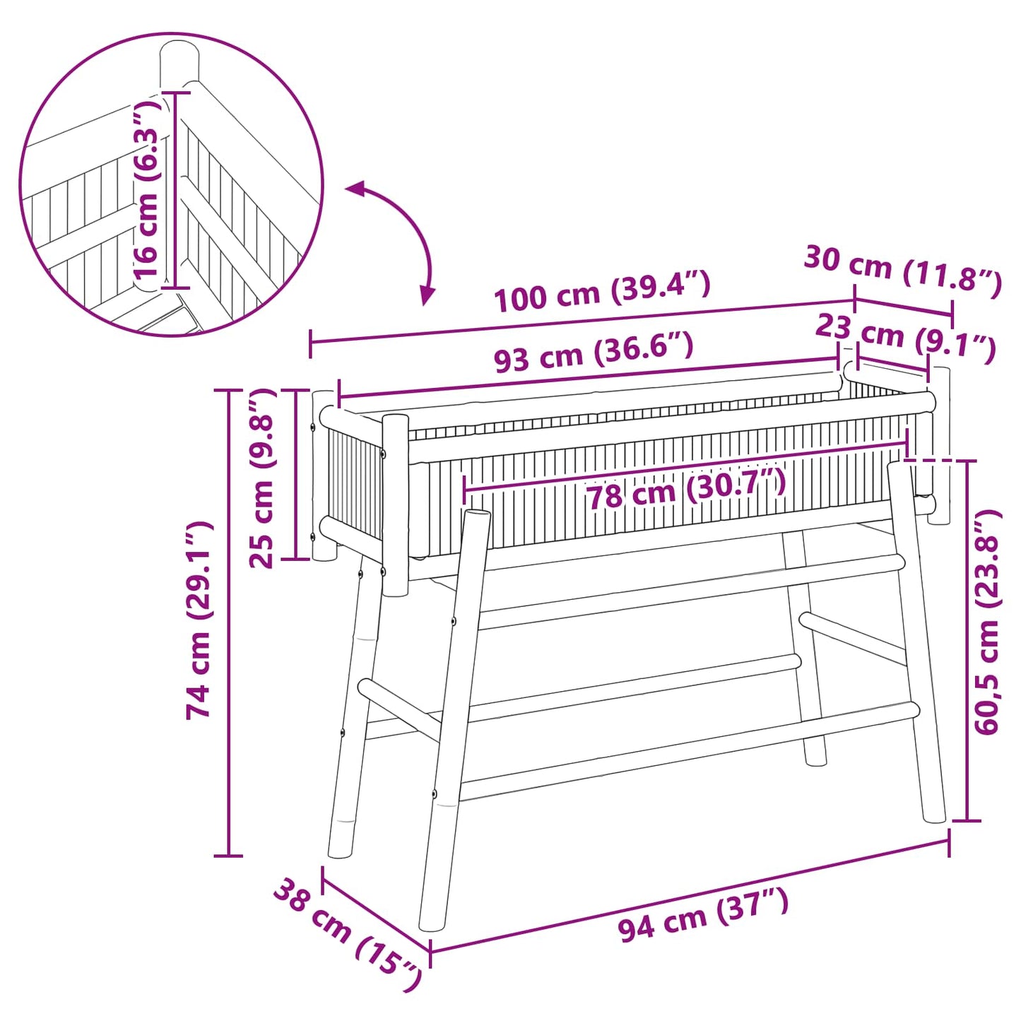 Vaso da Giardino con Supporto Naturale 100 x 38 x 74 cm Bambù