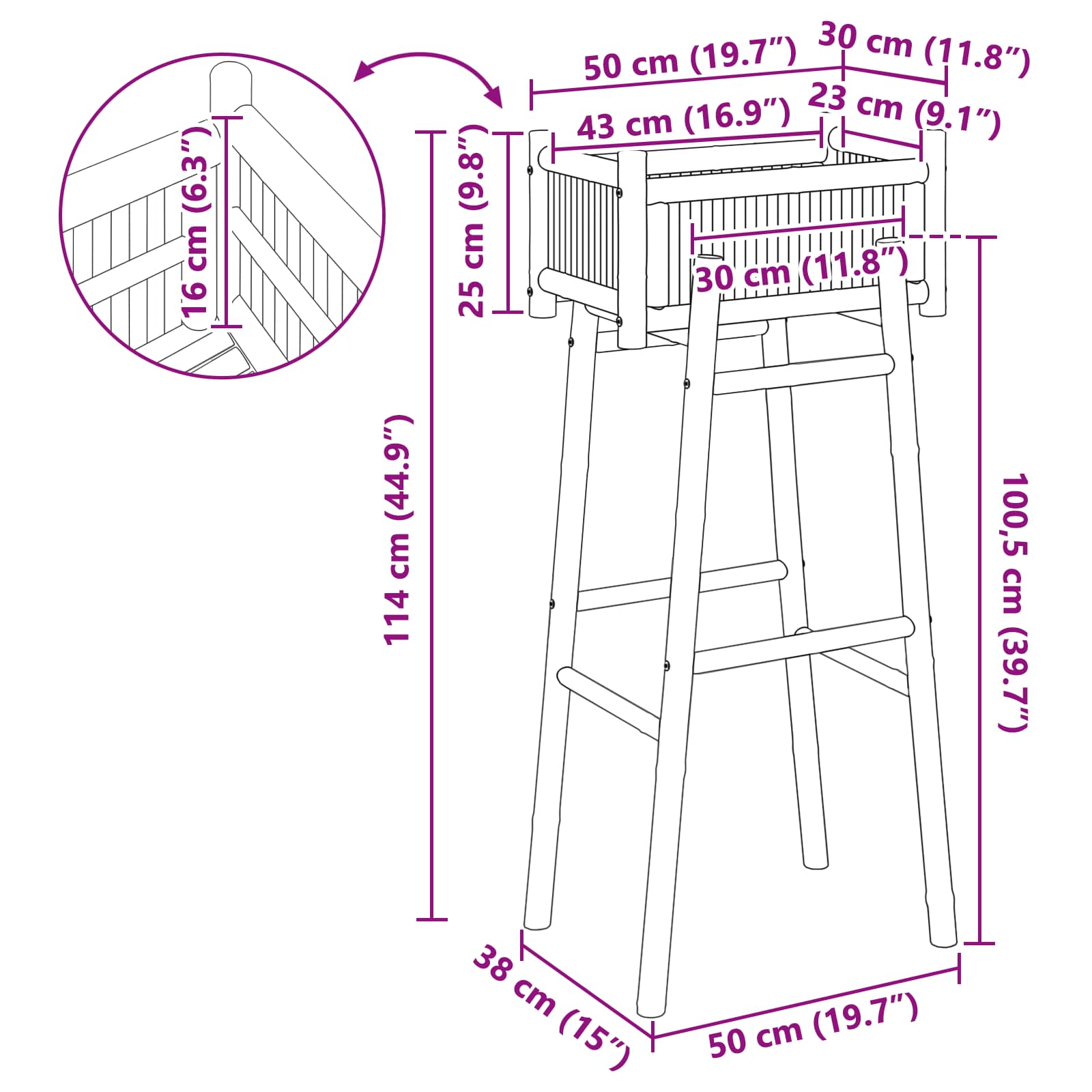 Vaso da Giardino con Supporto Naturale 50 x 38 x 114 cm Bambù | homemem39