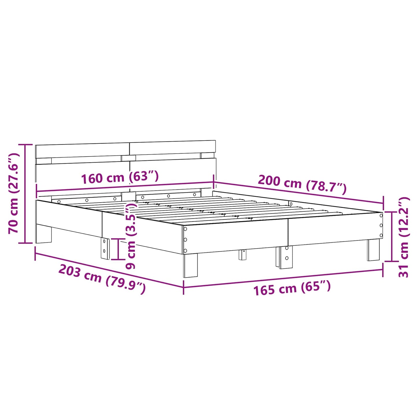 Struttura del letto Rovere Nero 160 x 200 cm Legno multistrato | homemem39