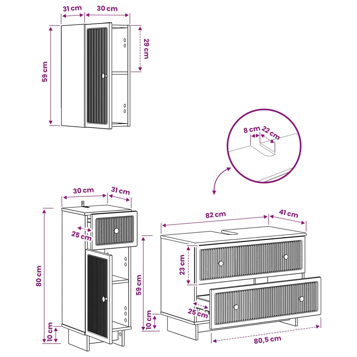 Set di armadietti da bagno in 3 pezzi EDE Grigio Cemento