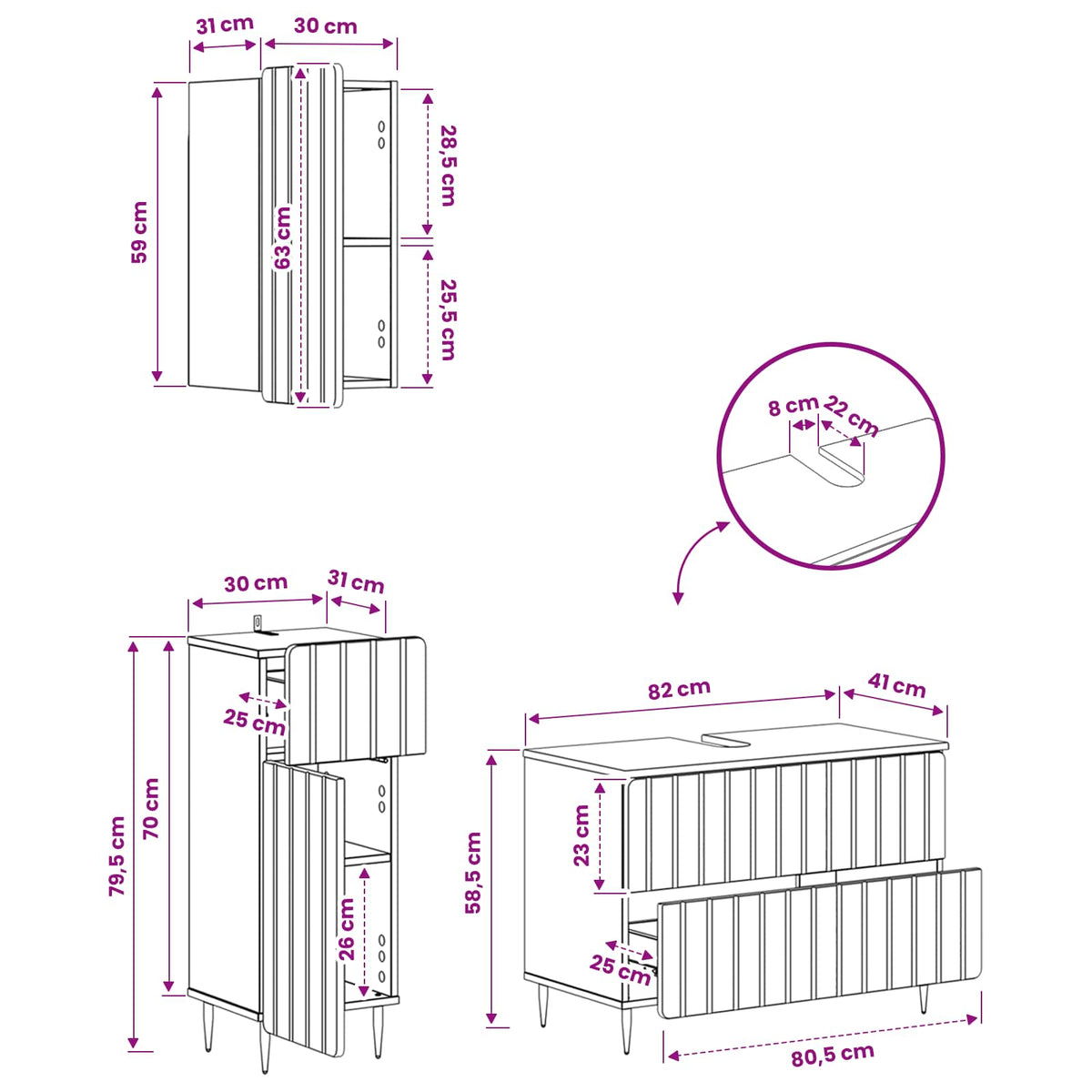 Set di armadietti da bagno in 3 pezzi ZWOLLE Sonoma grigio