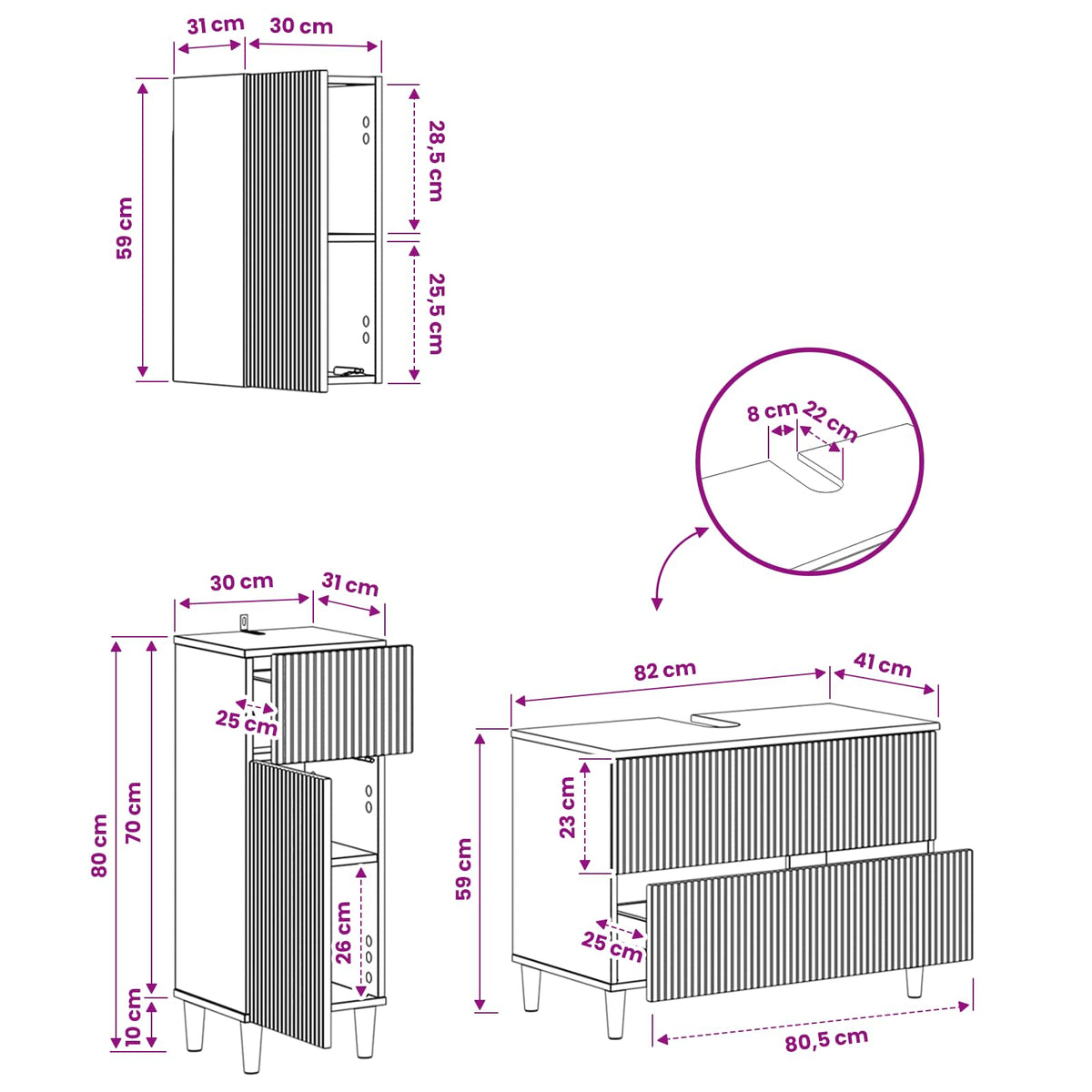 Set di armadietti da bagno in 3 pezzi ARNHEM Rovere Fumo
