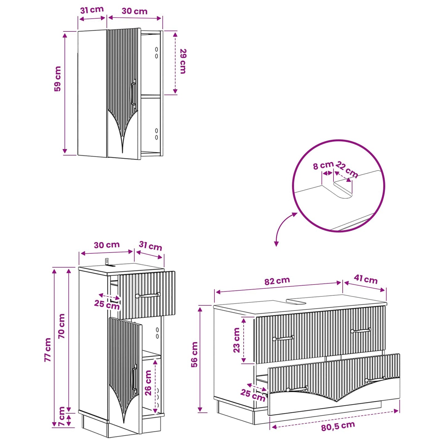Set di armadietti da bagno in 3 pezzi HOORN Rovere Fumo