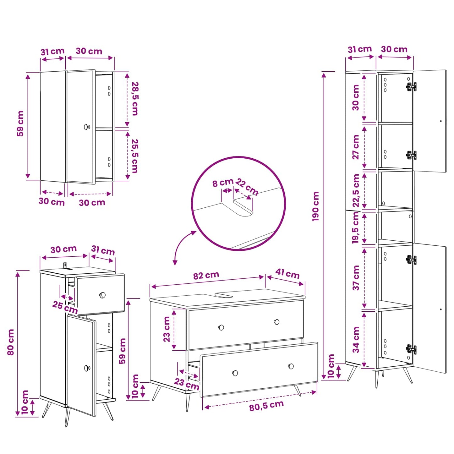 Set di Mobili da Bagno da 4 Pezzi BREDA Rovere Sonoma | homemem39