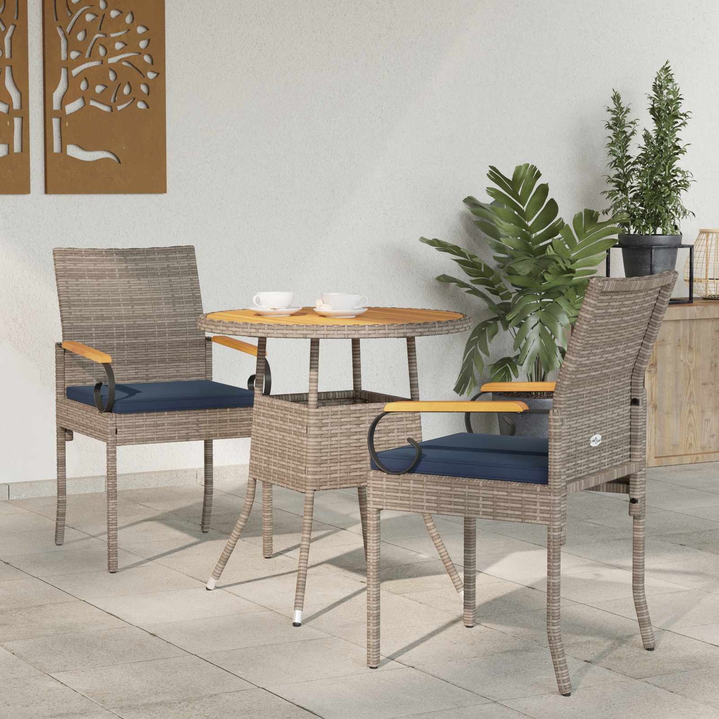 Sedie da giardino 2 pcs Grigio e Blu Navy Polyrattan e acacia | homemem39