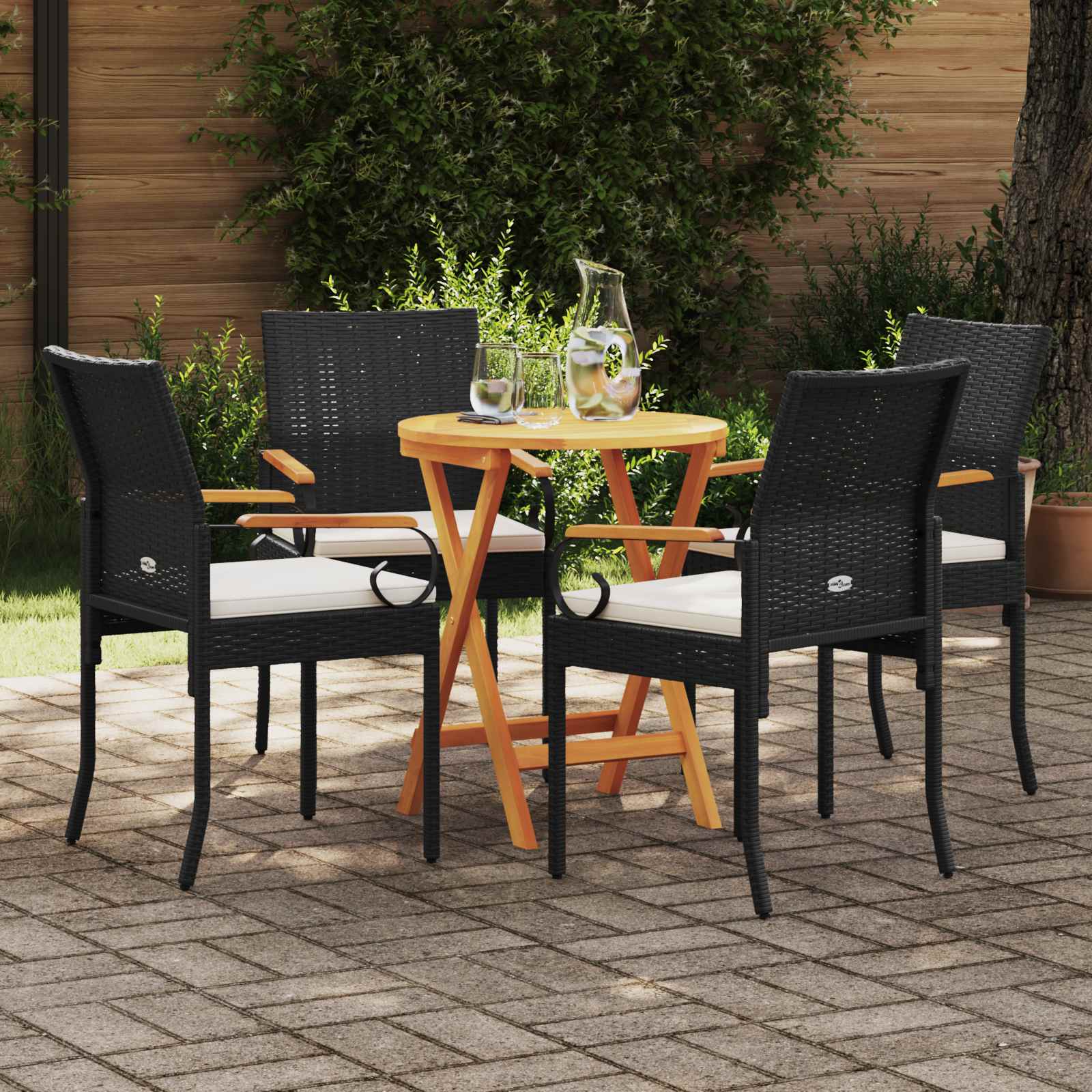 Sedie da giardino 4 pcs Nero e Bianco Crema Polyrattan e acacia | homemem39