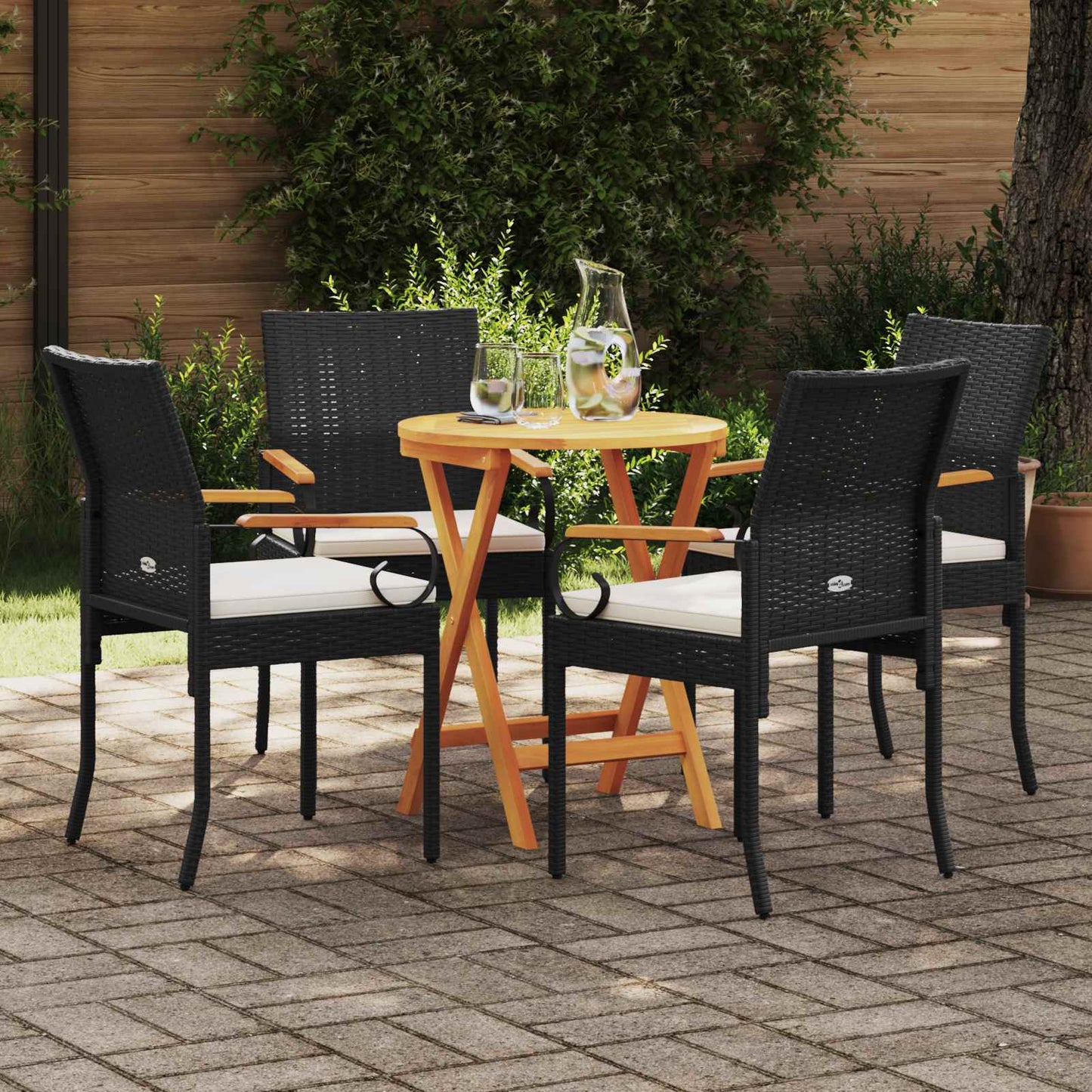 Sedie da giardino 4 pcs Nero e Bianco Crema Polyrattan e acacia