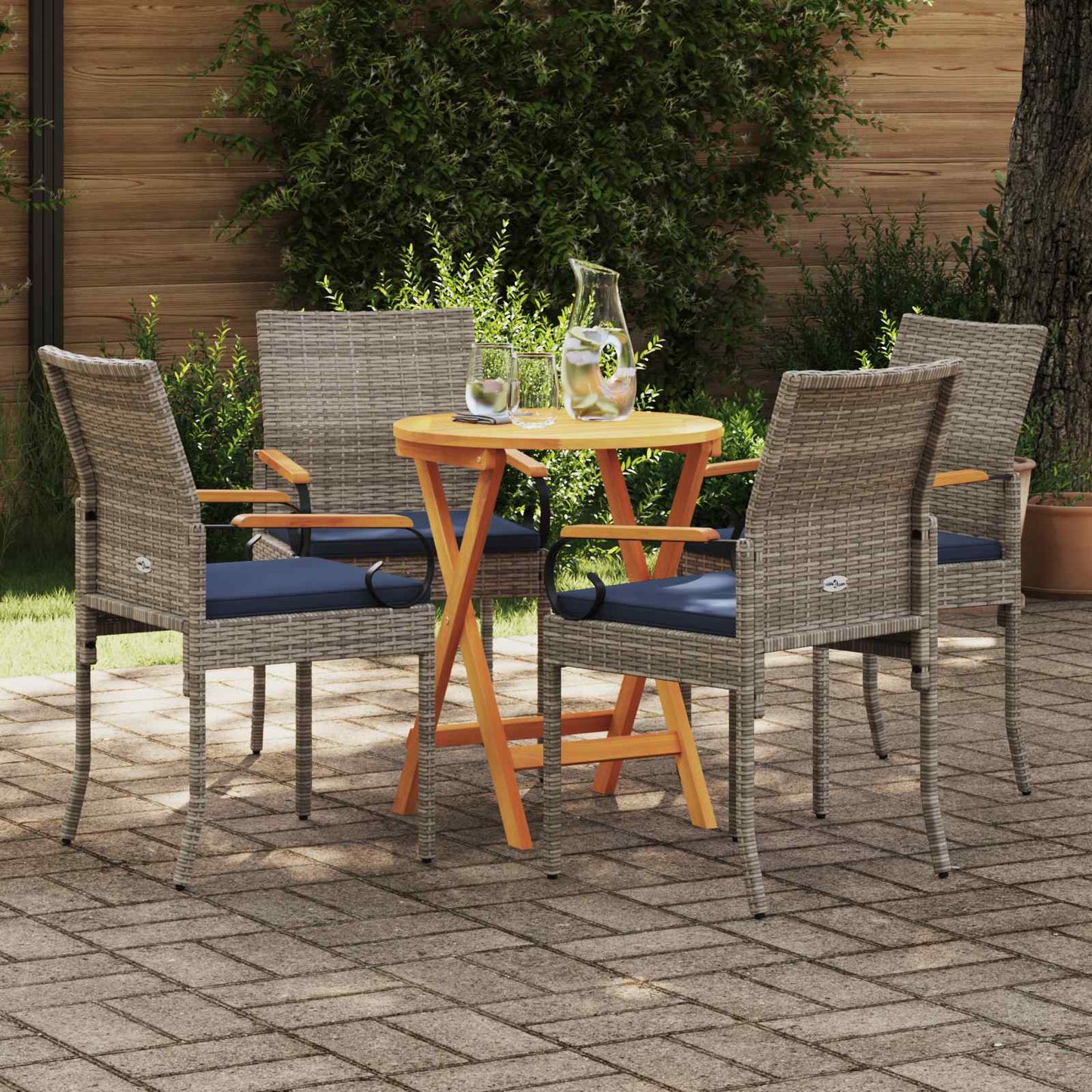 Sedie da giardino 4 pcs Grigio e Blu Navy Polyrattan e acacia | homemem39