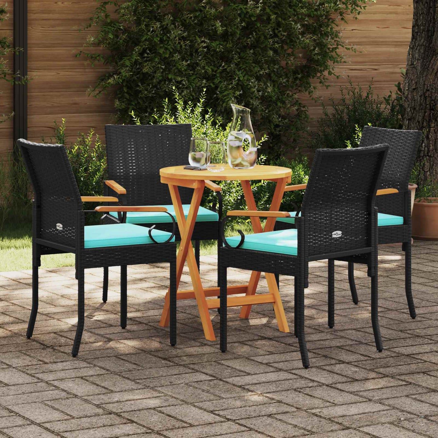 Sedie da giardino 4 pcs Nero e Turchese Polyrattan e acacia