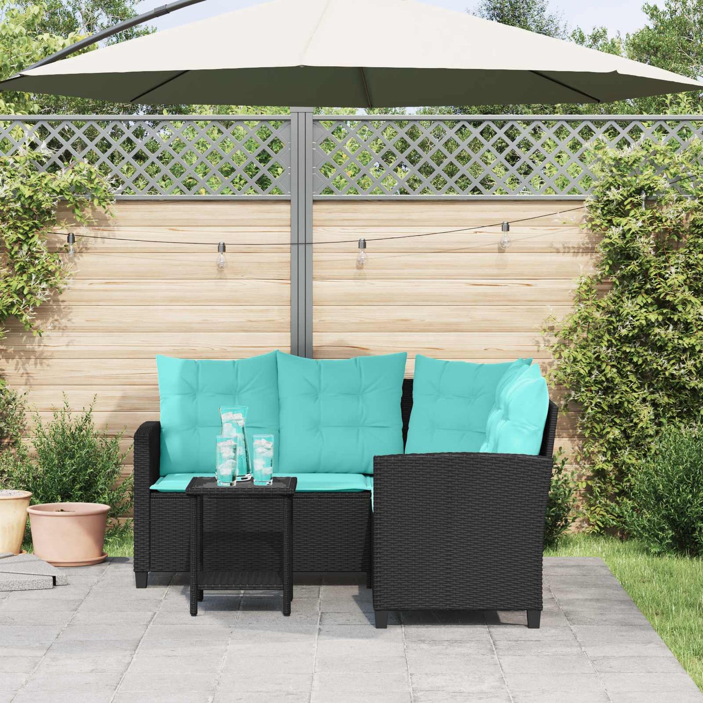Divano da giardino 2 pcs Nero e Turchese Poly Rattan | homemem39