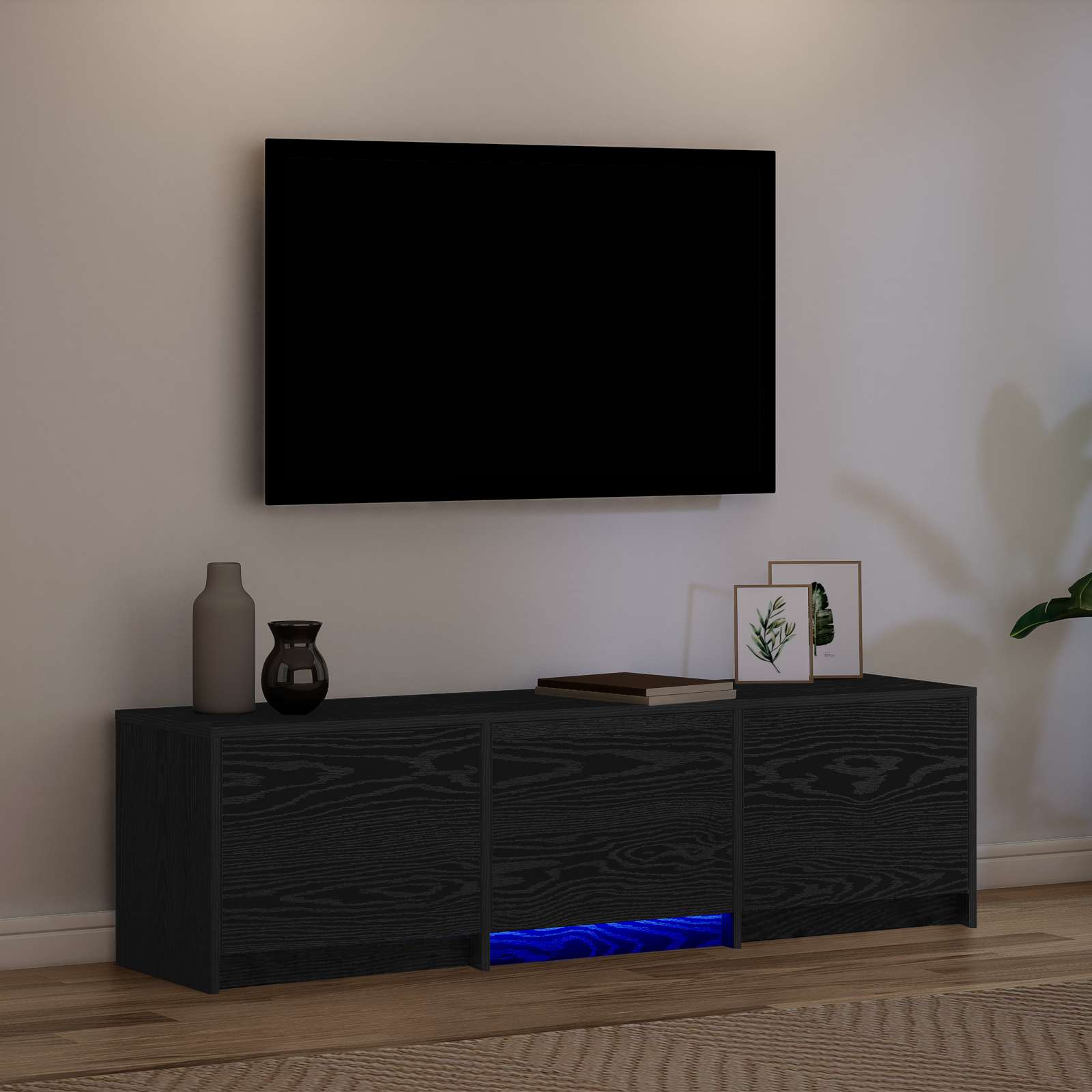 Mobile TV con LED con strisce LED Rovere Nero 140 x 34 x 40 cm | homemem39