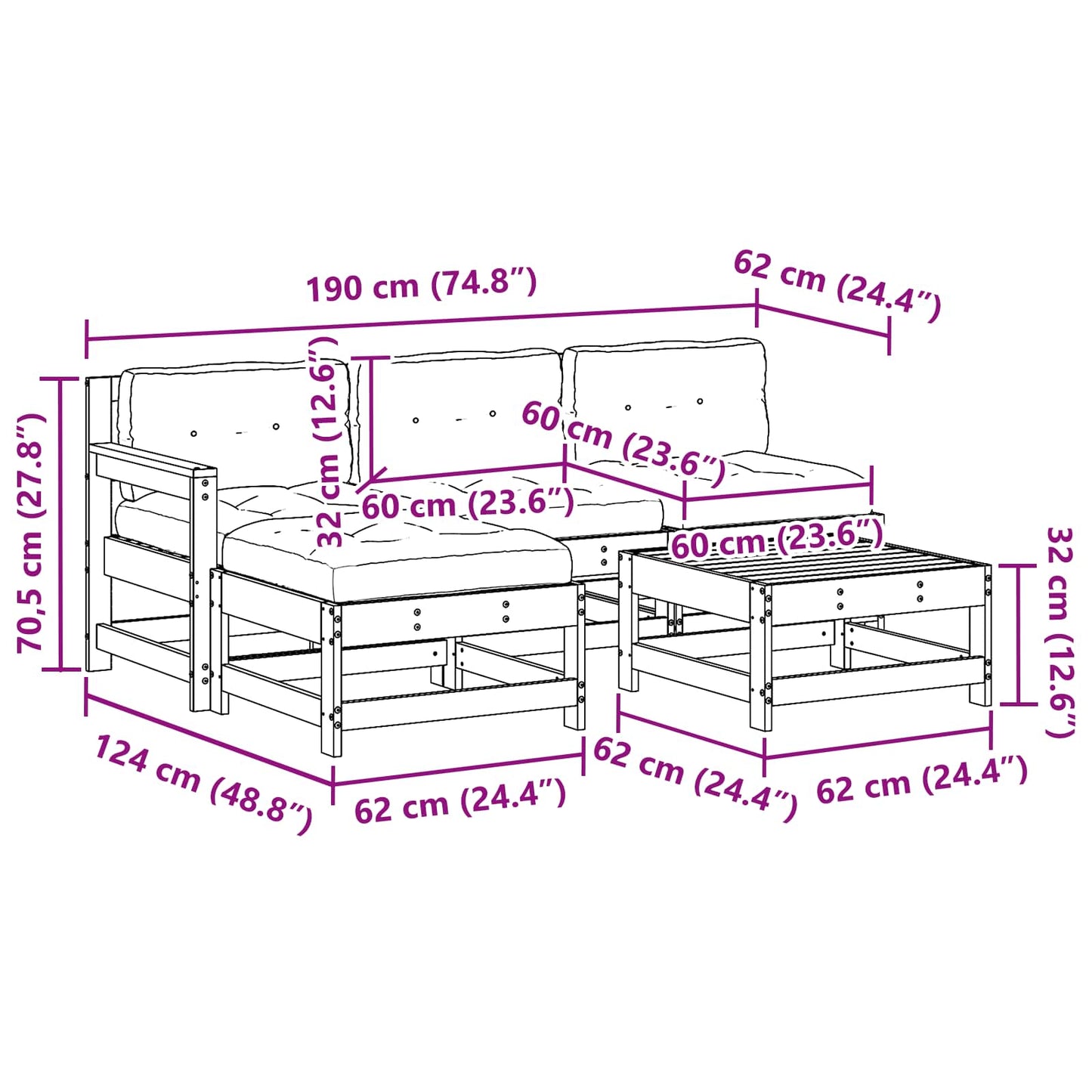 Set Lounge da Giardino 5 pcs Pino Marrone Cerato | homemem39