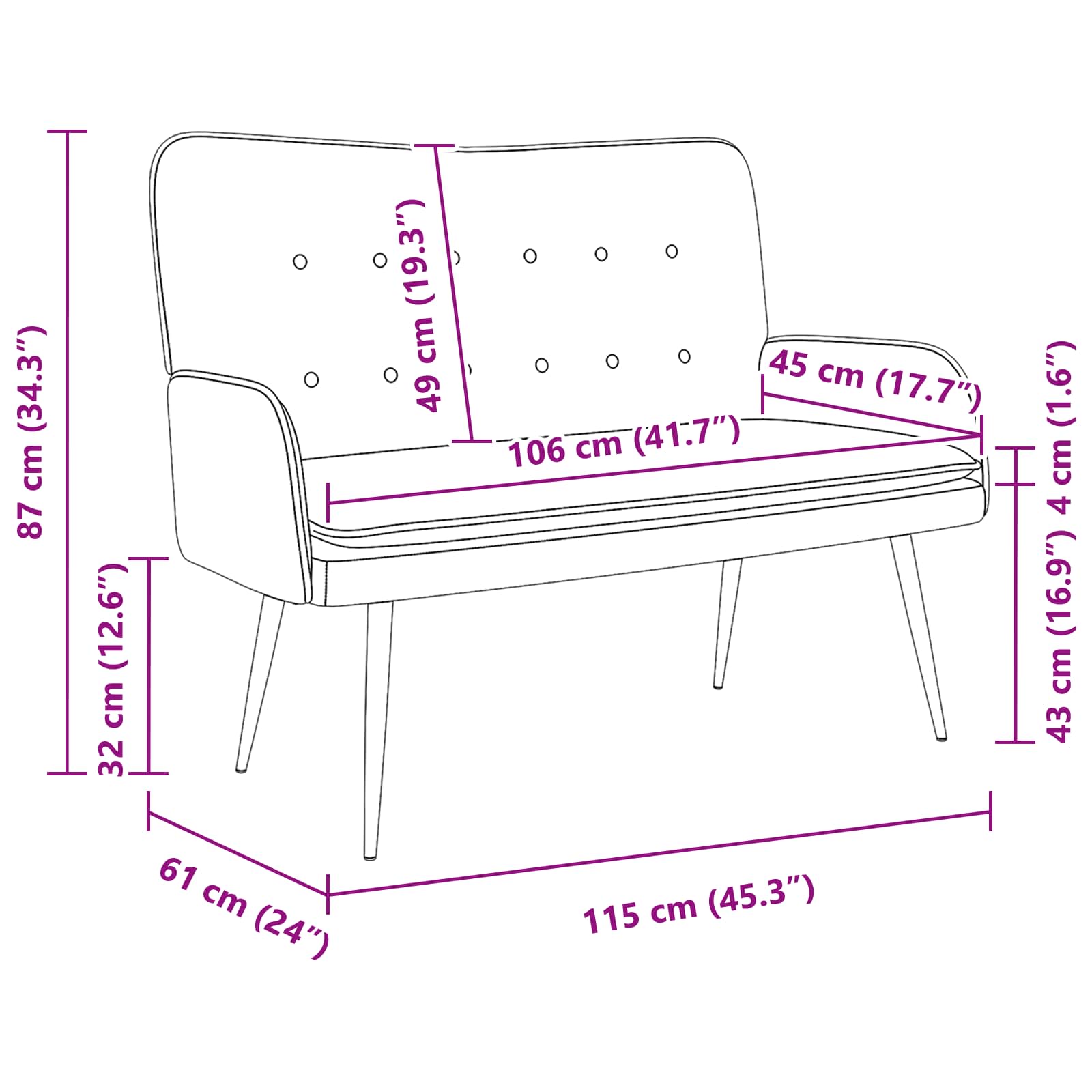 Divano a 2 Posti Rosa 115 x 61 x 87 cm Tessuto | homemem39