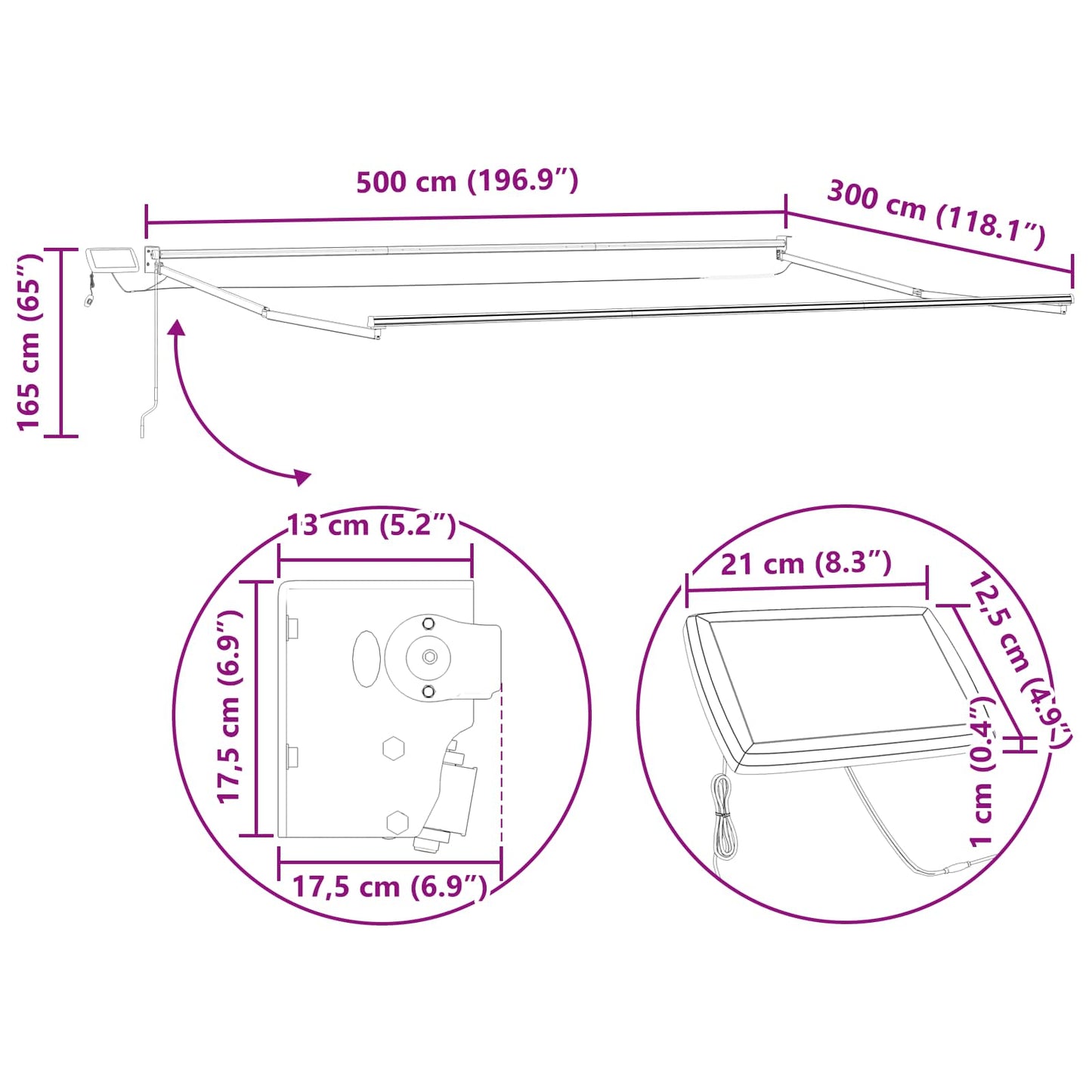 Tenda retrattile manuale con LED Borgogna e Bianco 5 x 3 m