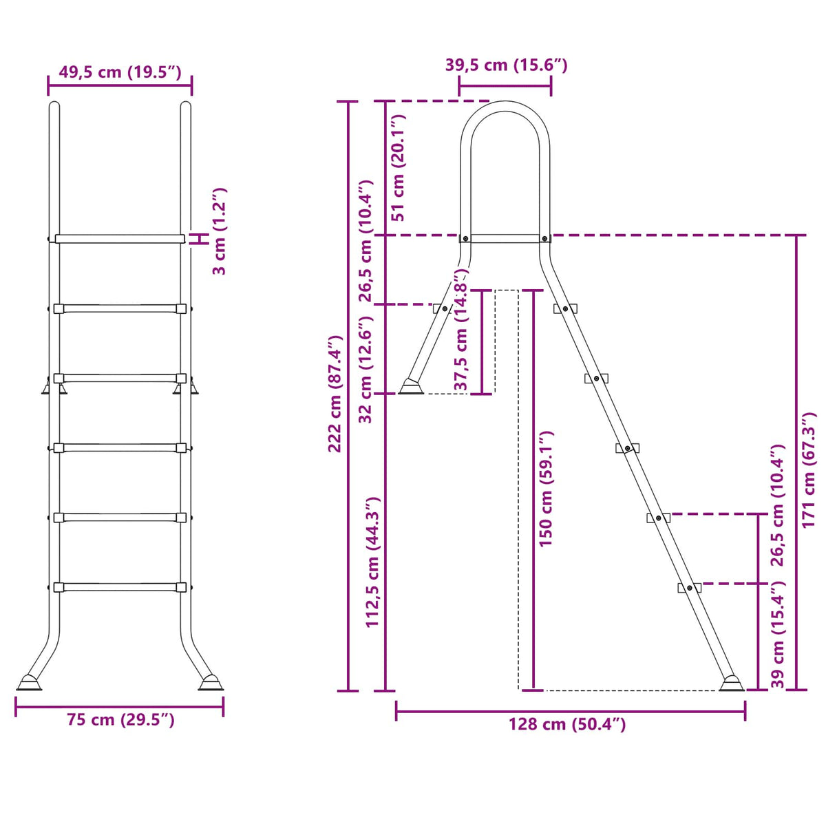Scala per piscina parzialmente interrata 222 x 128 cm 5-Gradino | homemem39