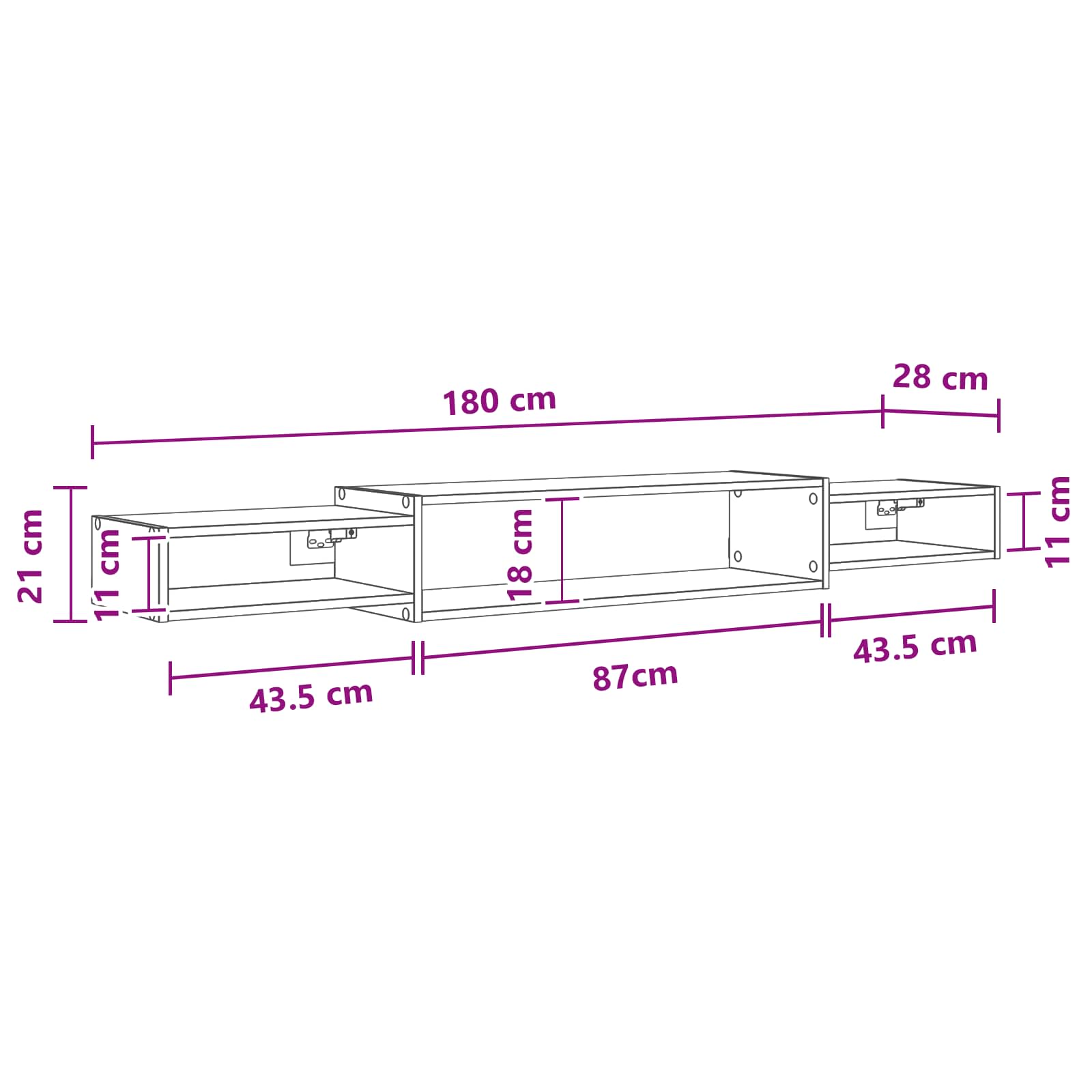 Mobile TV da Parete A parete Rovere Nero 180 x 28 x 21 cm | homemem39