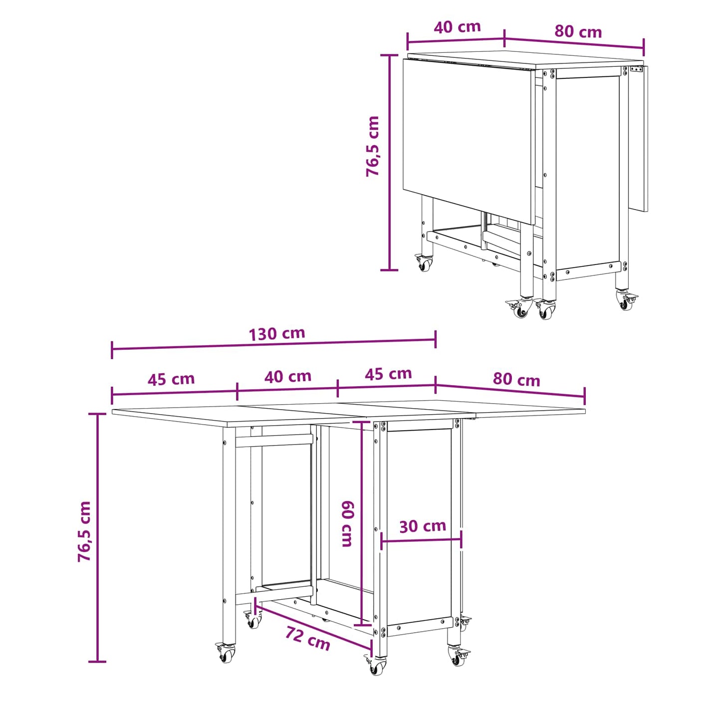 Tavolo da pranzo pieghevole con ruote 130 x 80 x 76,5 cm