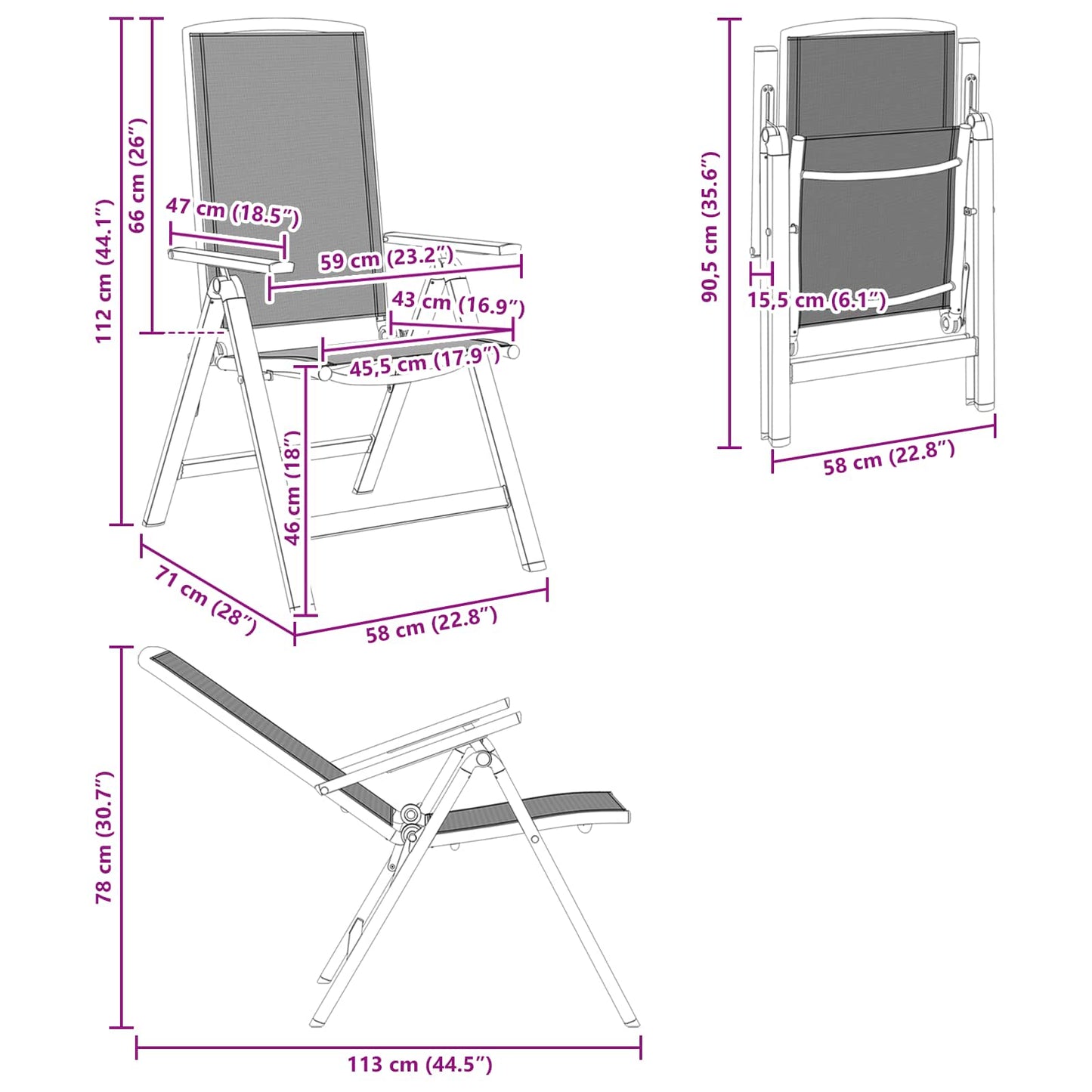 Sedie da giardino reclinabili 2 pcs Nero 58 x 71 x 112 cm