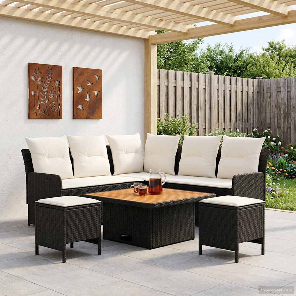 Set di Mobili con cuscino 6 pcs Nero e Crema Rattan in PE