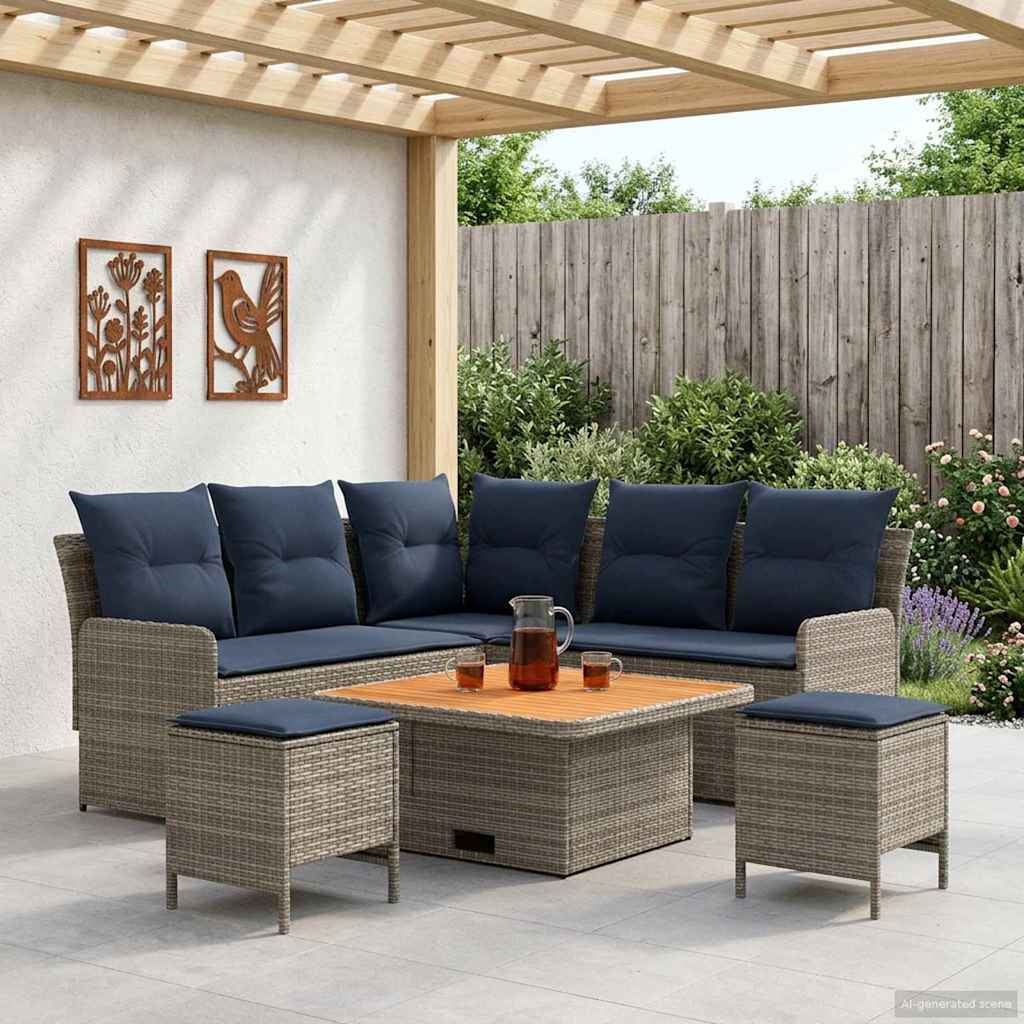 Set di Mobili con cuscino 6 pcs Grigio e Blu Navy Rattan in PE