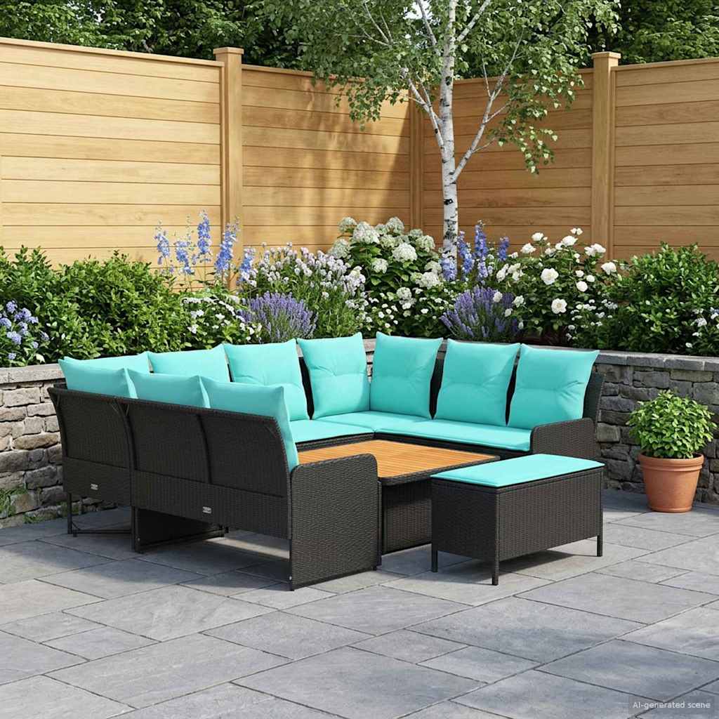 Set di Mobili con cuscino 7 pcs Nero e Turchese Rattan in PE