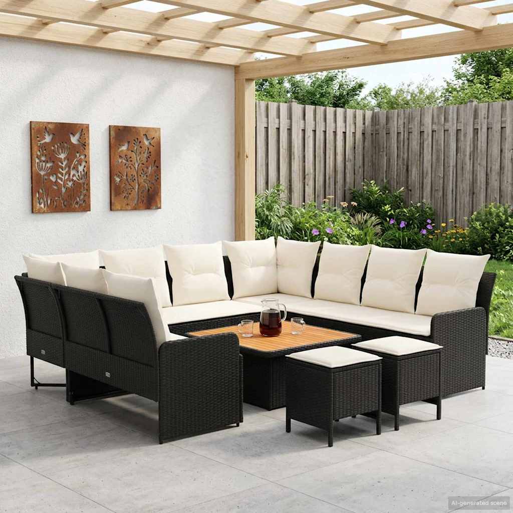 Set di Mobili con cuscino 8 pcs Nero e Crema Rattan in PE