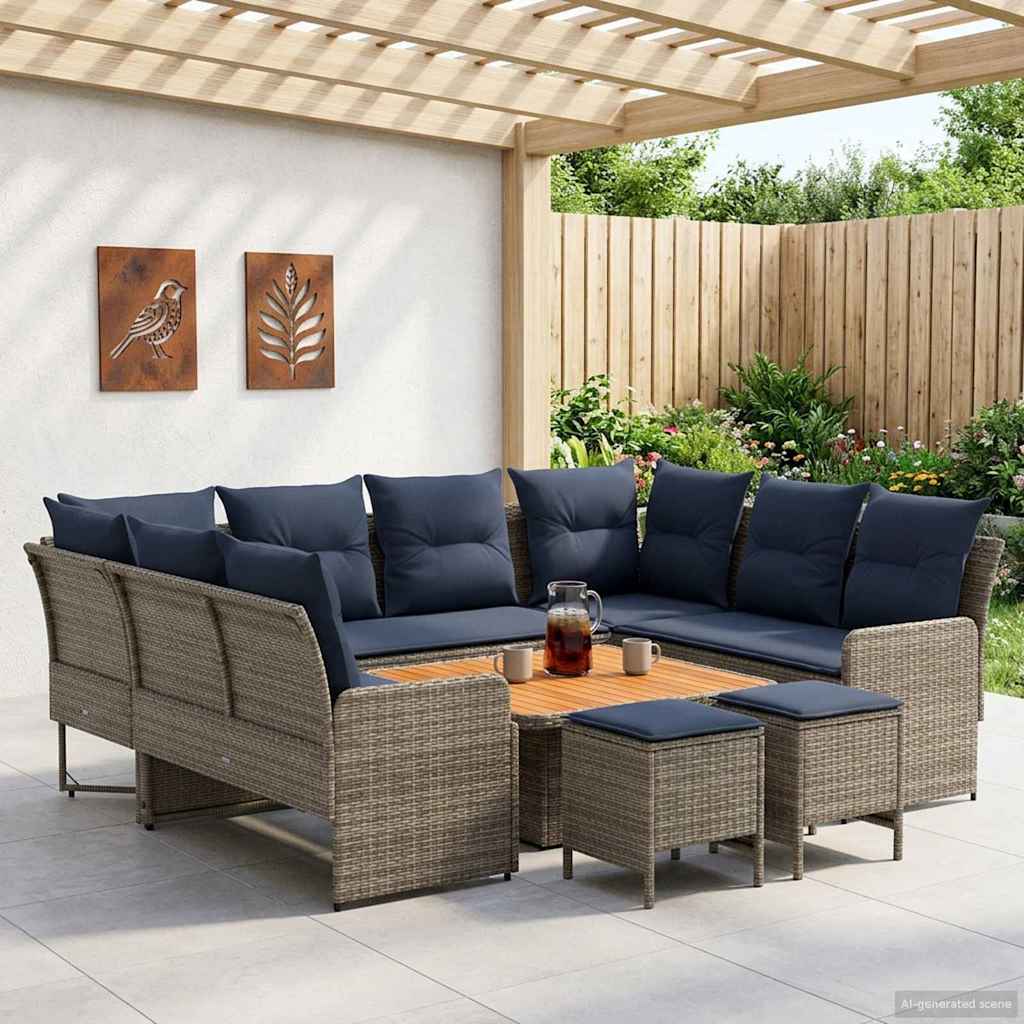 Set di Mobili con cuscino 8 pcs Grigio e Blu Navy Rattan in PE | homemem39