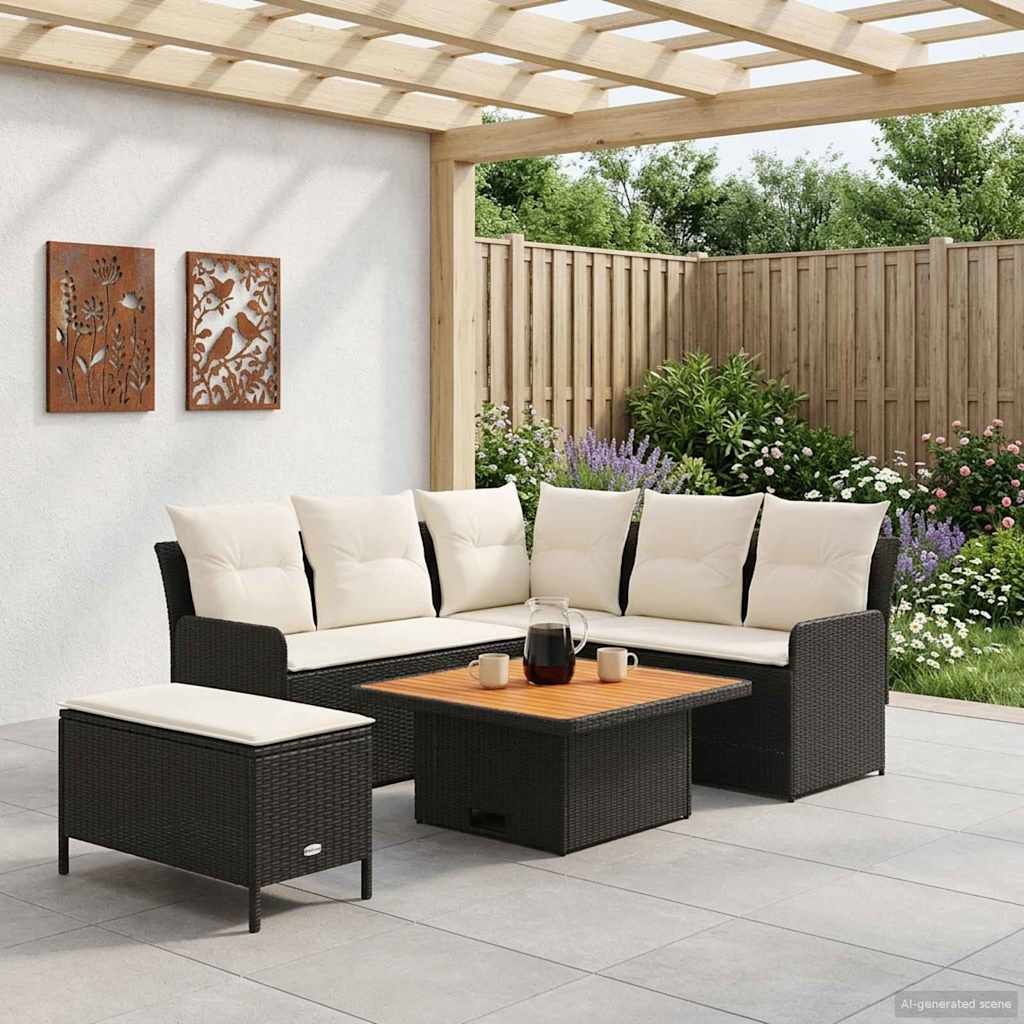 Set di Mobili con cuscino 5 pcs Nero e Crema Rattan in PE