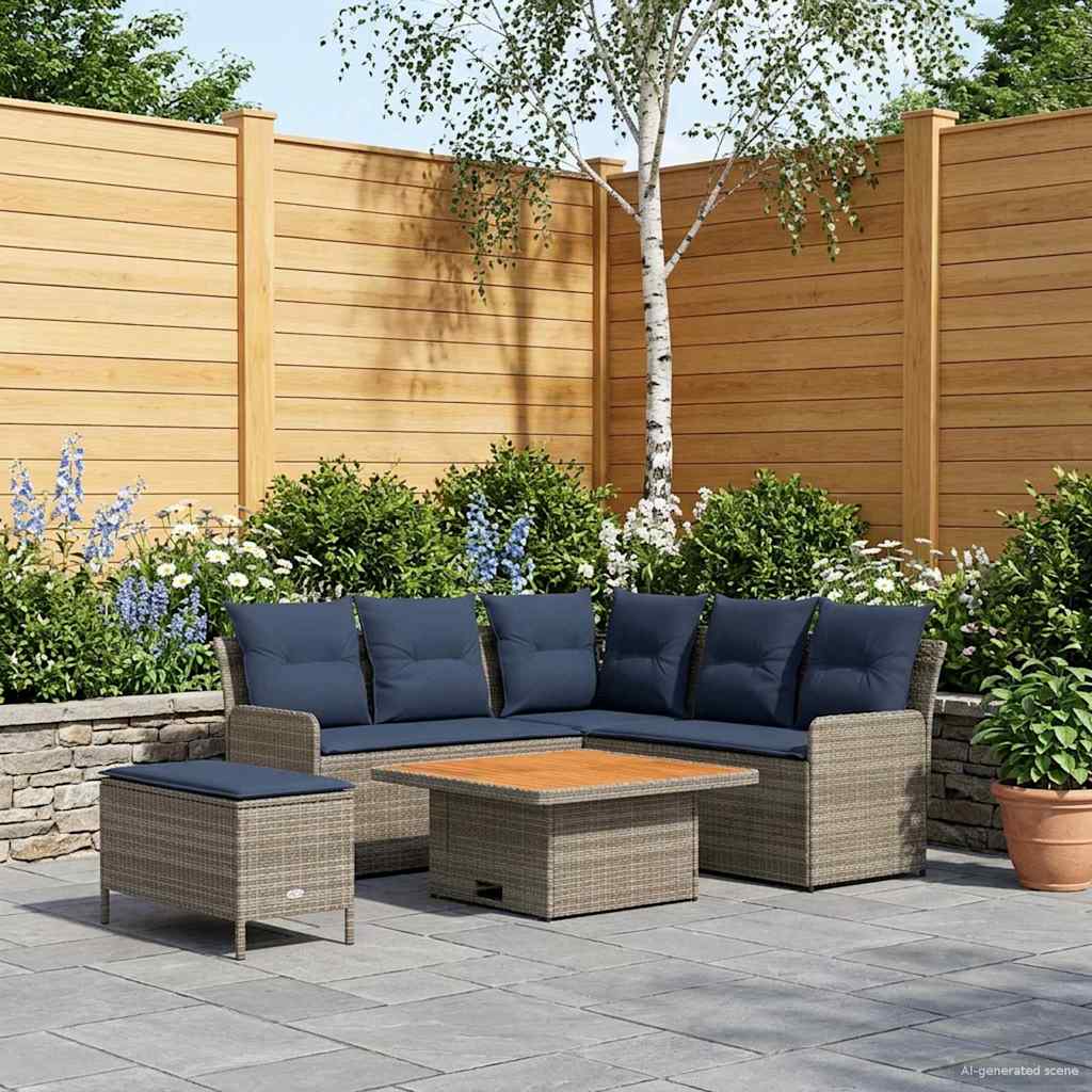 Set di Mobili con cuscino 5 pcs Grigio e Blu Navy Rattan in PE