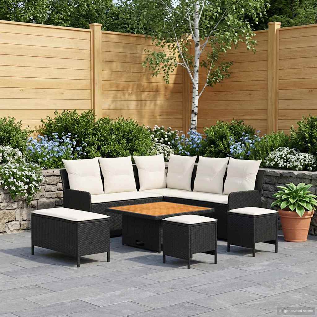 Set di Mobili con cuscino 7 pcs Nero e Crema Rattan in PE