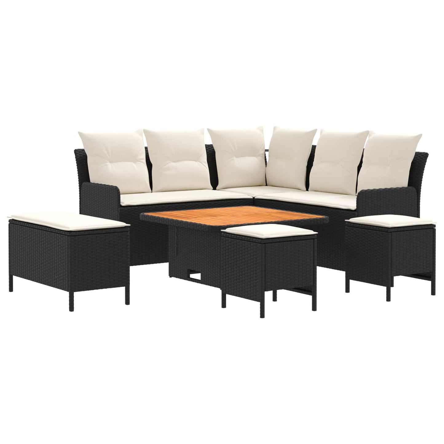 Set di Mobili con cuscino 7 pcs Nero e Crema Rattan in PE