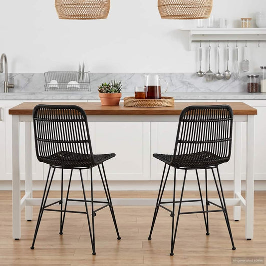 Sedia da pranzo 2 pcs Nero 41 x 55 x 85 cm Rattan e acciaio
