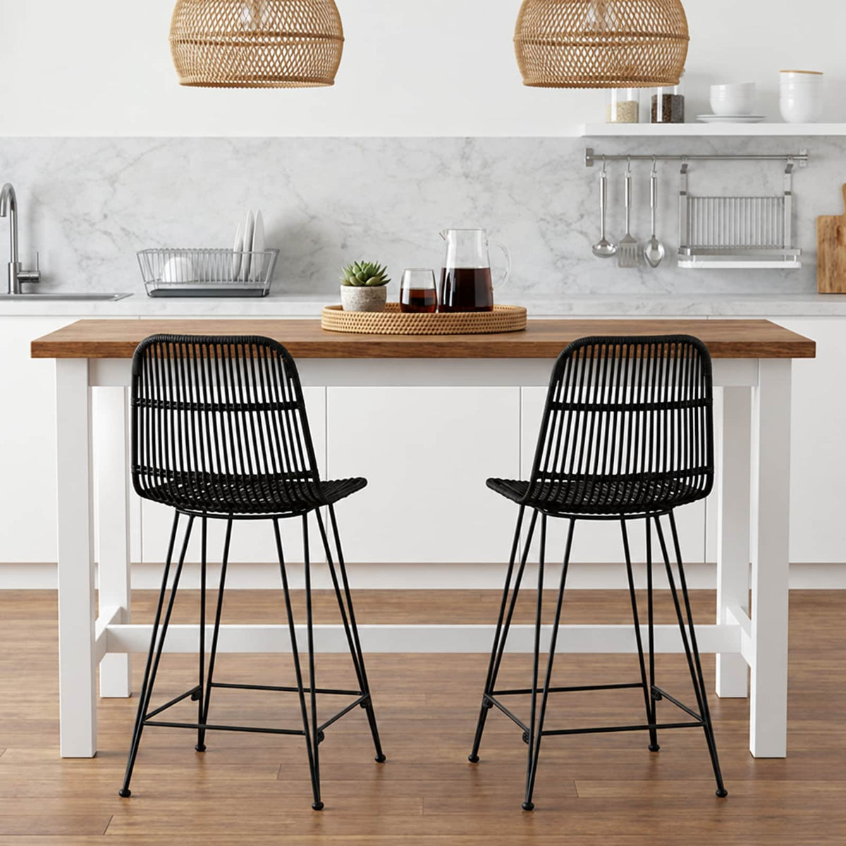 Sgabello da bar 2 pz Nero 44 x 54 x 96 cm Rattan e acciaio