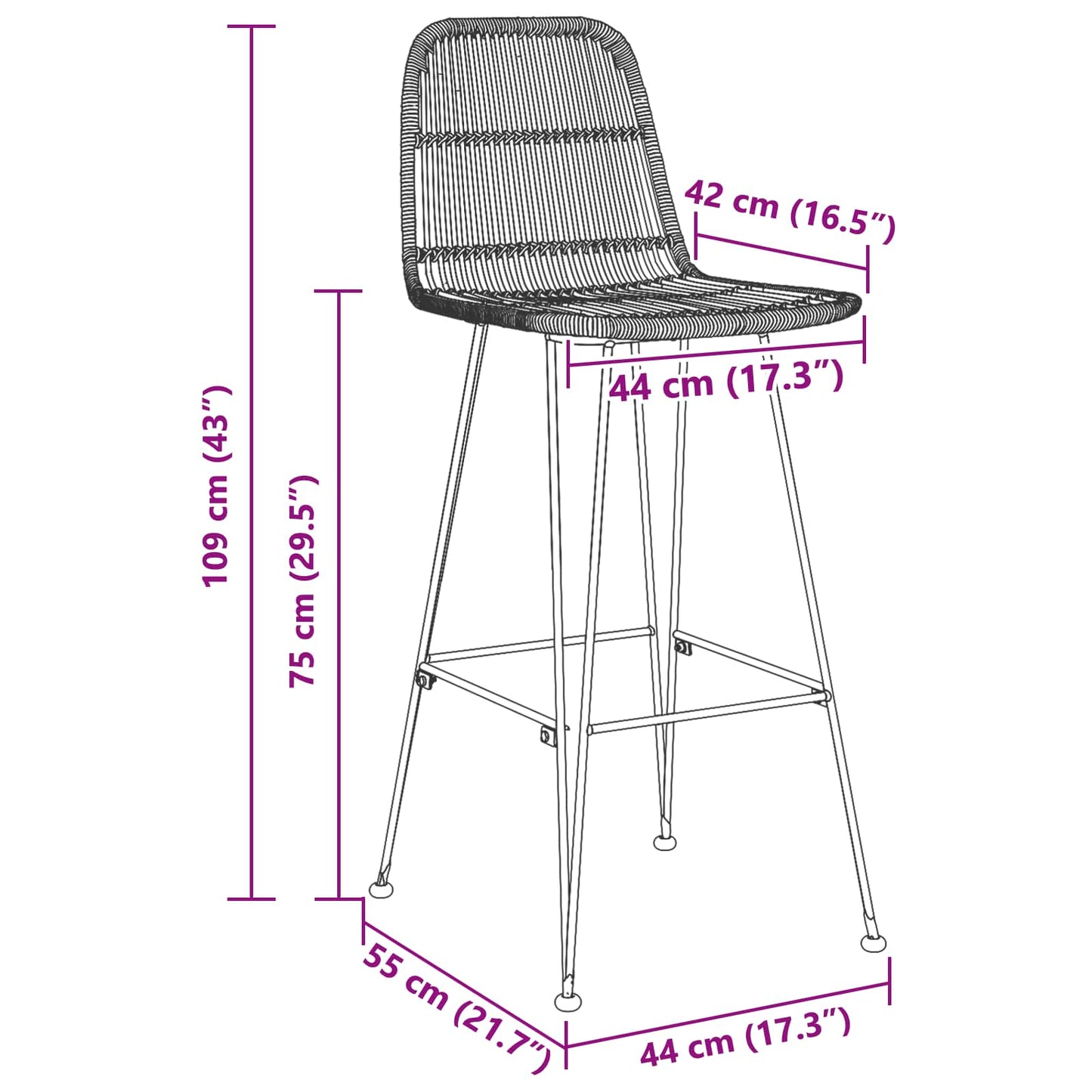 Sgabello da bar 2 pcs Naturale 44 x 55 x 109 cm | homemem39