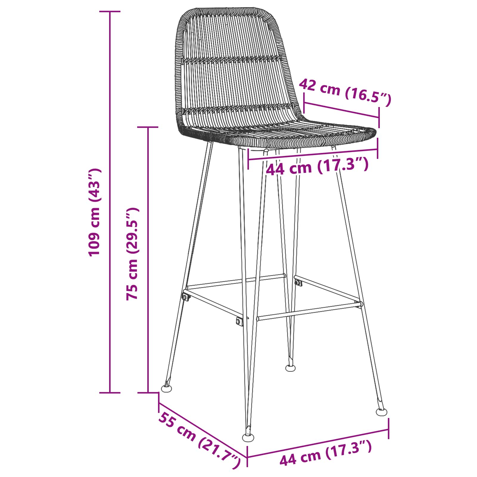 Sgabello da bar 2 pcs Nero 44 x 55 x 109 cm Rattan e acciaio | homemem39