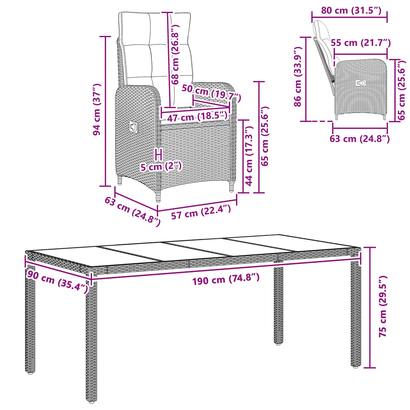 Set da pranzo per esterni 7 pcs Nero 190 x 90 x 75 cm | homemem39