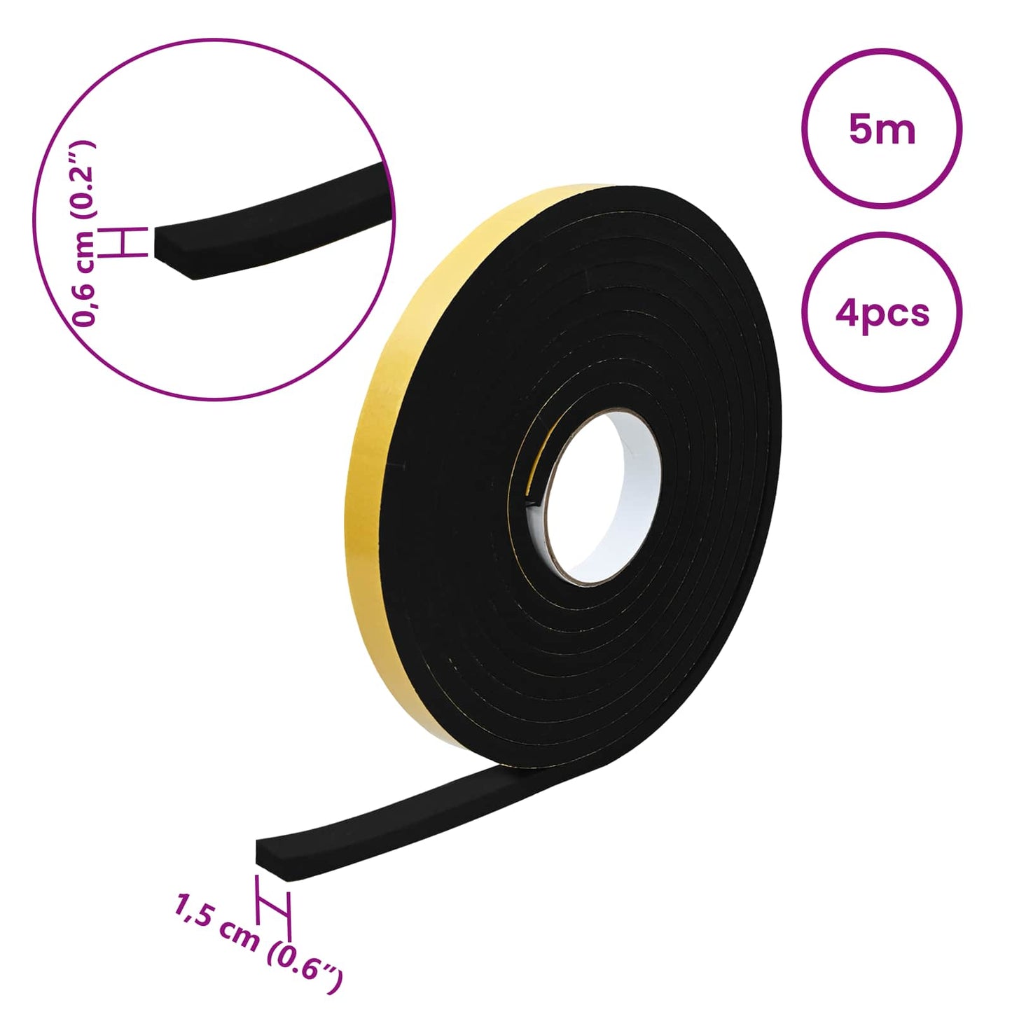 Nastro adesivo in schiuma 4 pcs Nero 15mm x 5m Schiuma CR | homemem39