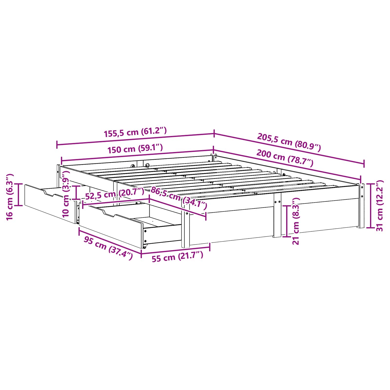 Struttura del letto con cassetto Marrone cerato 150 x 200 cm | homemem39