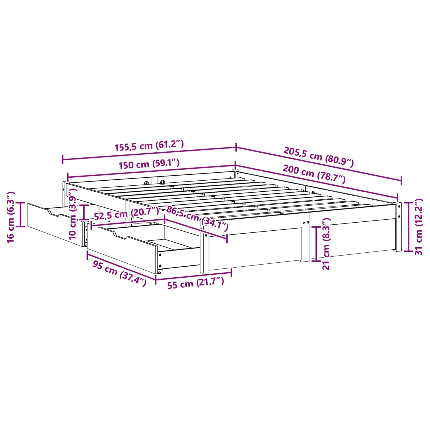 Struttura del letto con cassetto Marrone cerato 160 x 200 cm