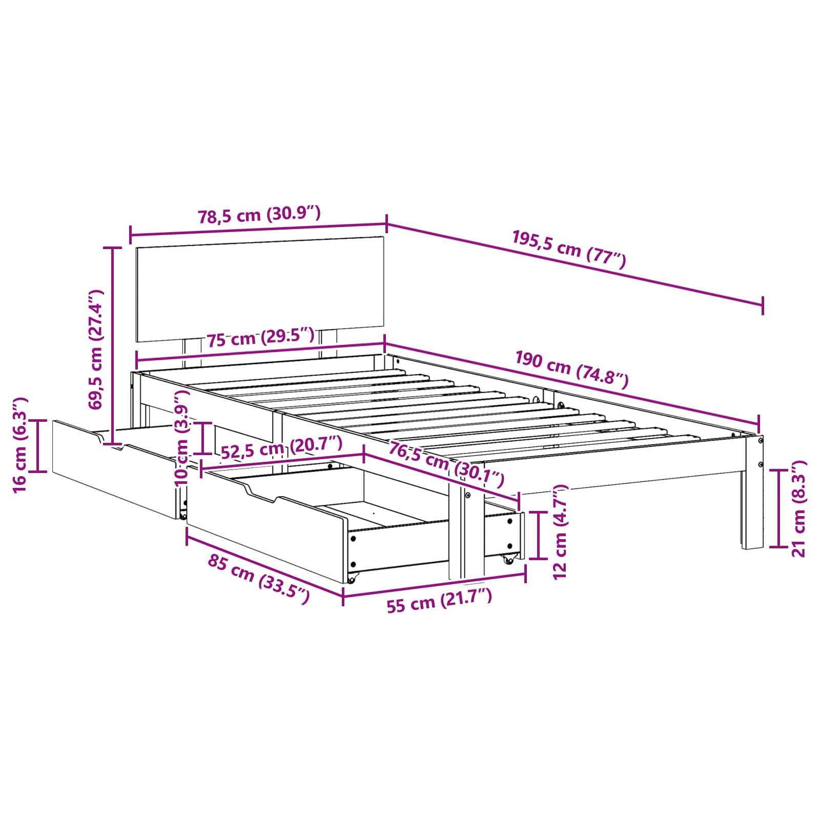 Struttura del letto con testiera Marrone cerato 70 x 190 cm | homemem39