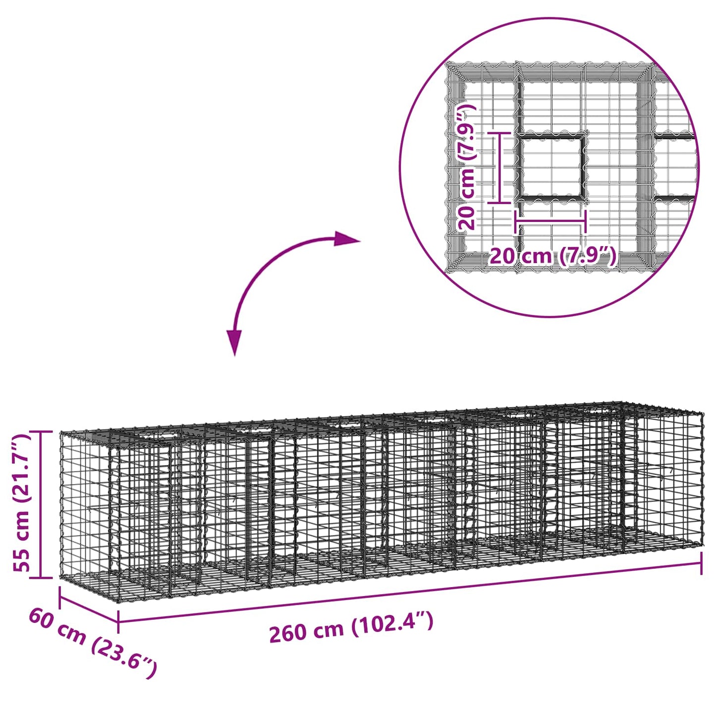 Letto rialzato in gabbione 2 pcs Argento 260 x 60 x 55 cm | homemem39