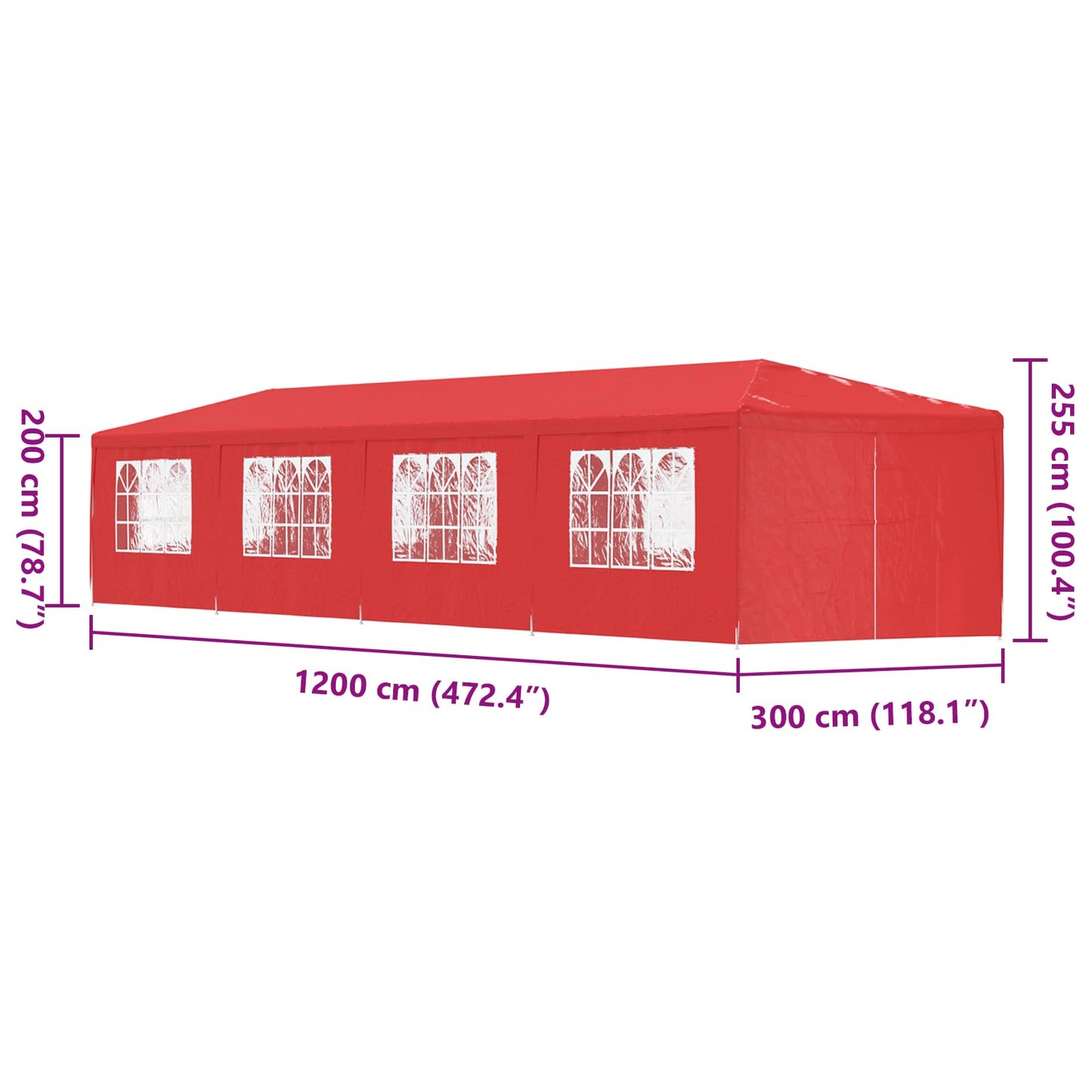 Tenda Party 1200 x 300 x 255 cm Rosso PE e Acciaio | homemem39