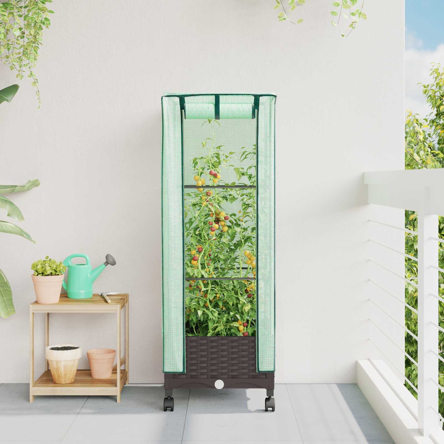 Vaso da Giardino con Copertura per Serra e Ruote Marrone PP